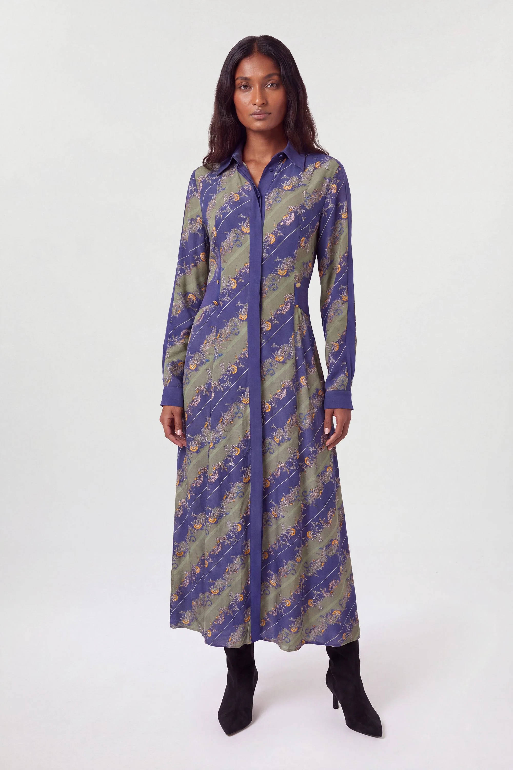 Khaki Stripe Collared Shirt Dress - 1