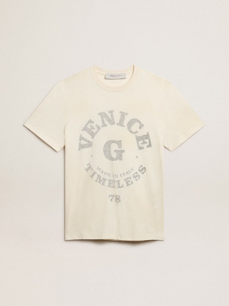 Men’s cotton T-shirt in aged white with faded lettering 1