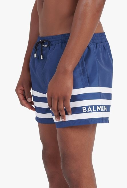 Navy blue swimsuit with Balmain logo print white stripes - 5