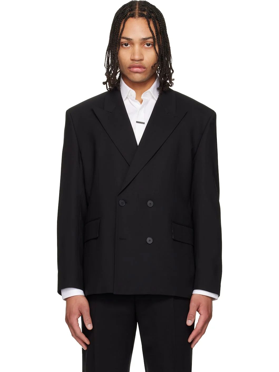 Black Double-Breasted Wool-Blend Twill Blazer - 1