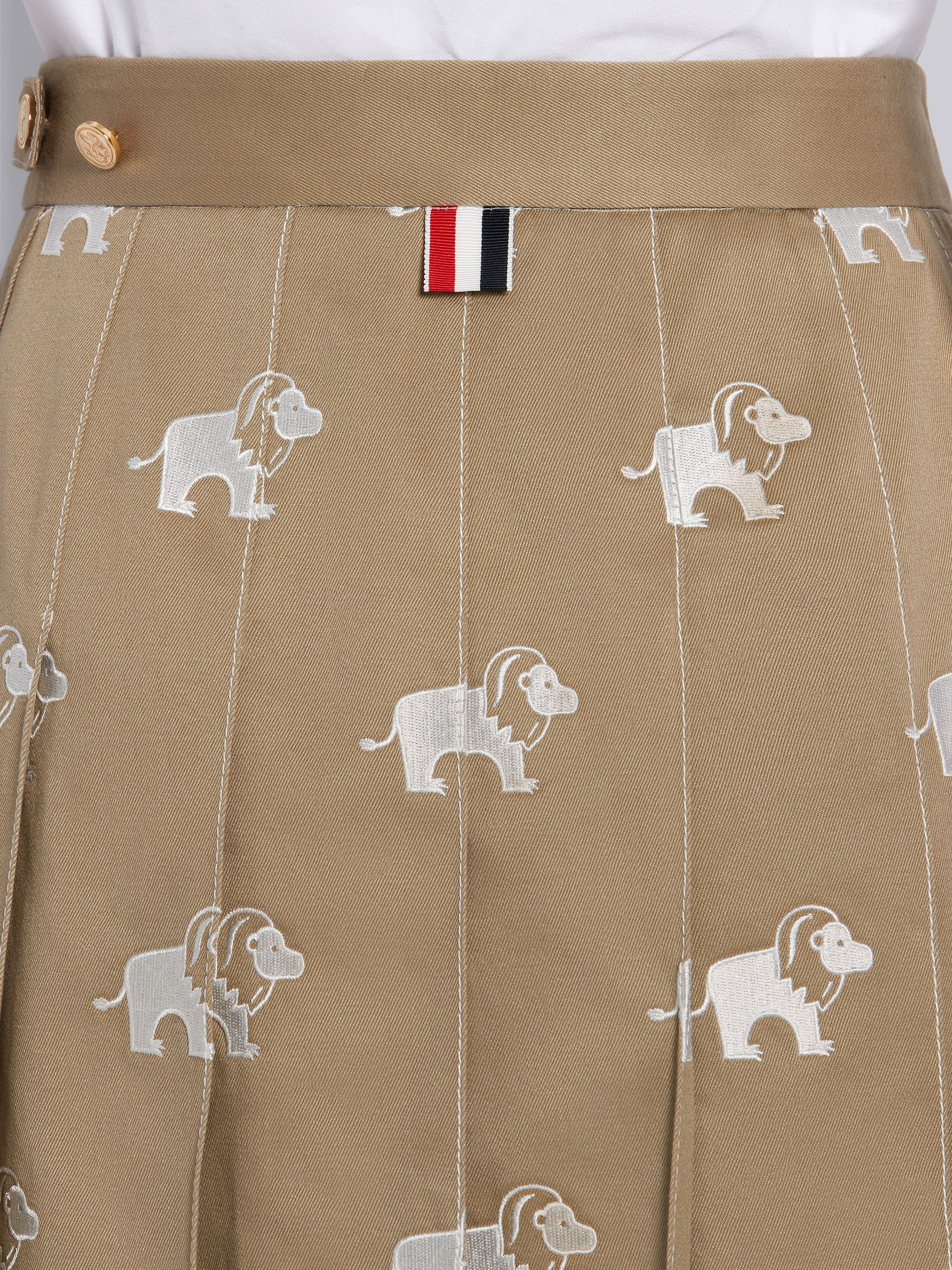 Khaki Cotton Twill Lion Icon Embroidered Pleated Skirt - 6