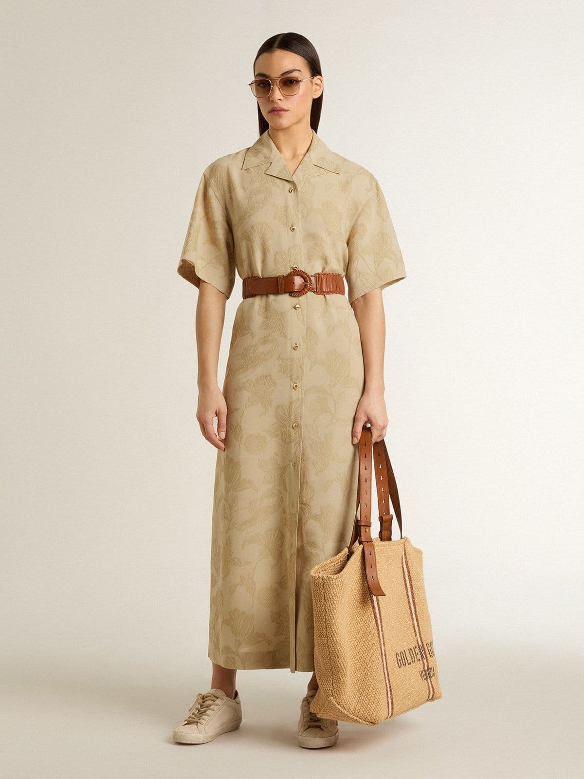 Women's short-sleeved shirt dress in beige floral jacquard - 3