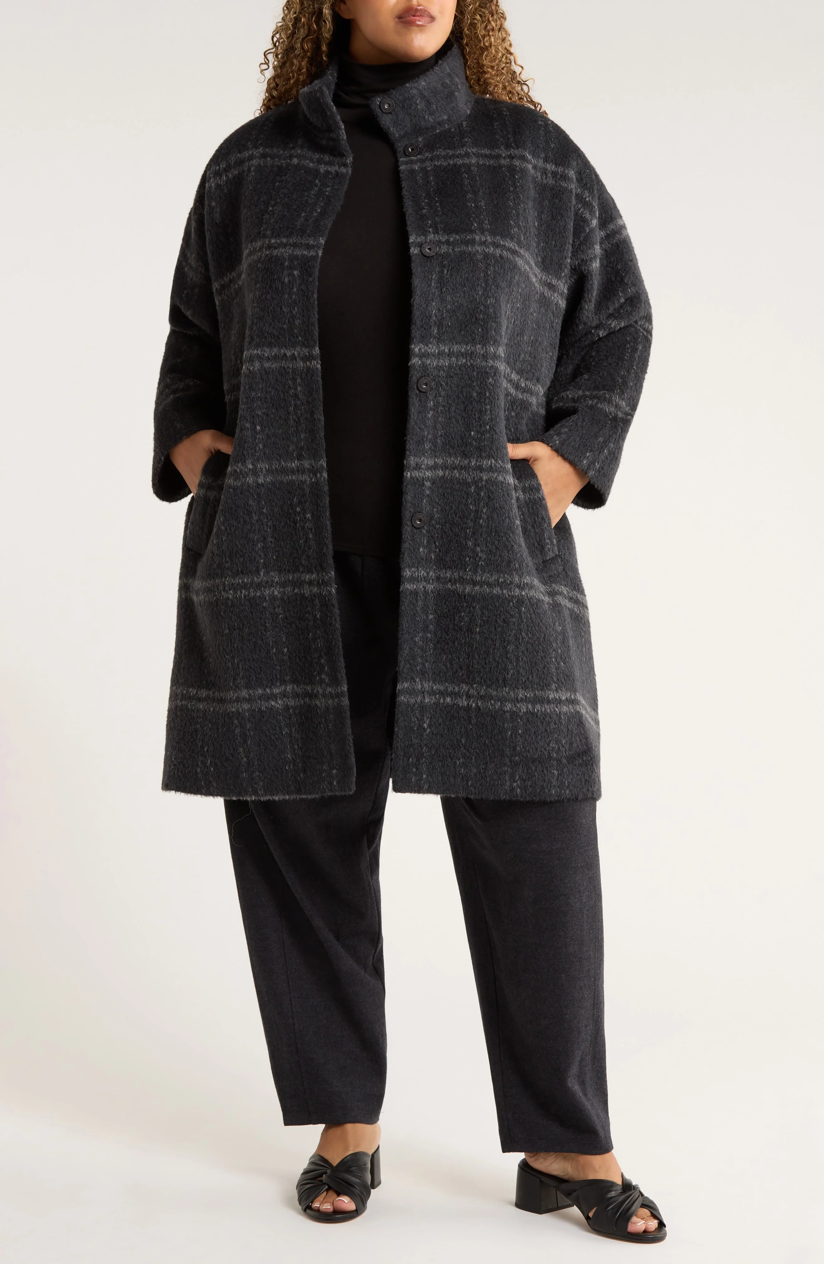 Eileen Fisher Plaid Stand Collar Alpaca & Wool Blend Coat in Charcoal at Nordstrom - 1