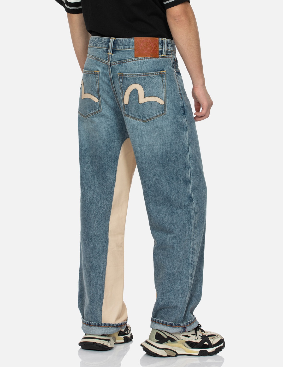 Leather Inlay and Seagull Pockets Baggy Fit Jeans - 7