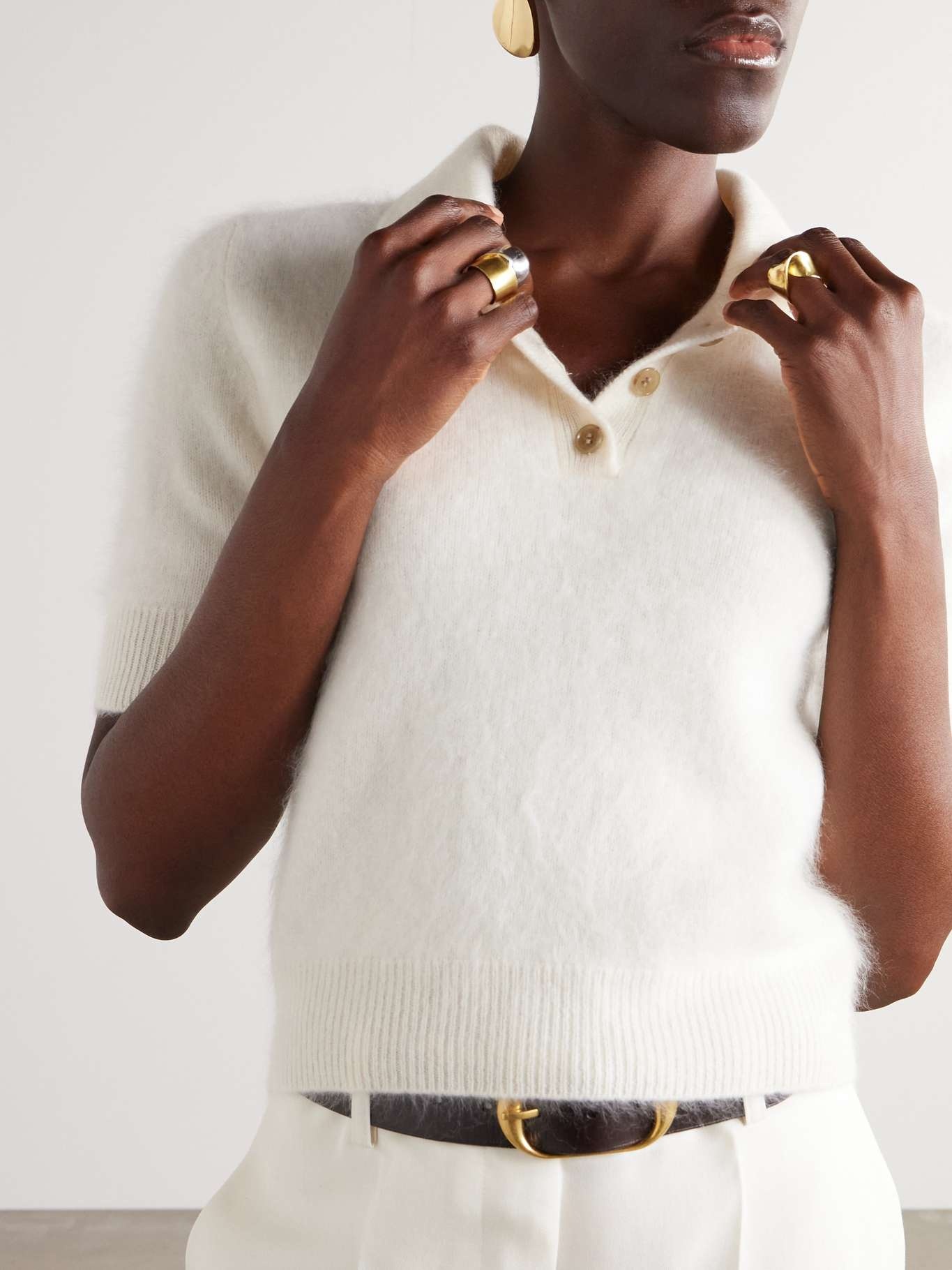 Carolyn brushed-organic cashmere polo shirt Cream - 3