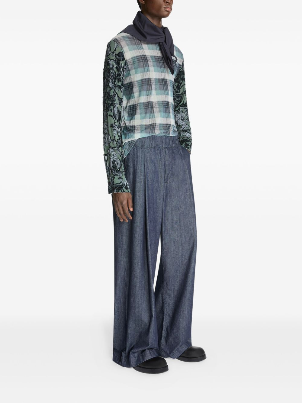 floral-print plaid mesh T-shirt - 3