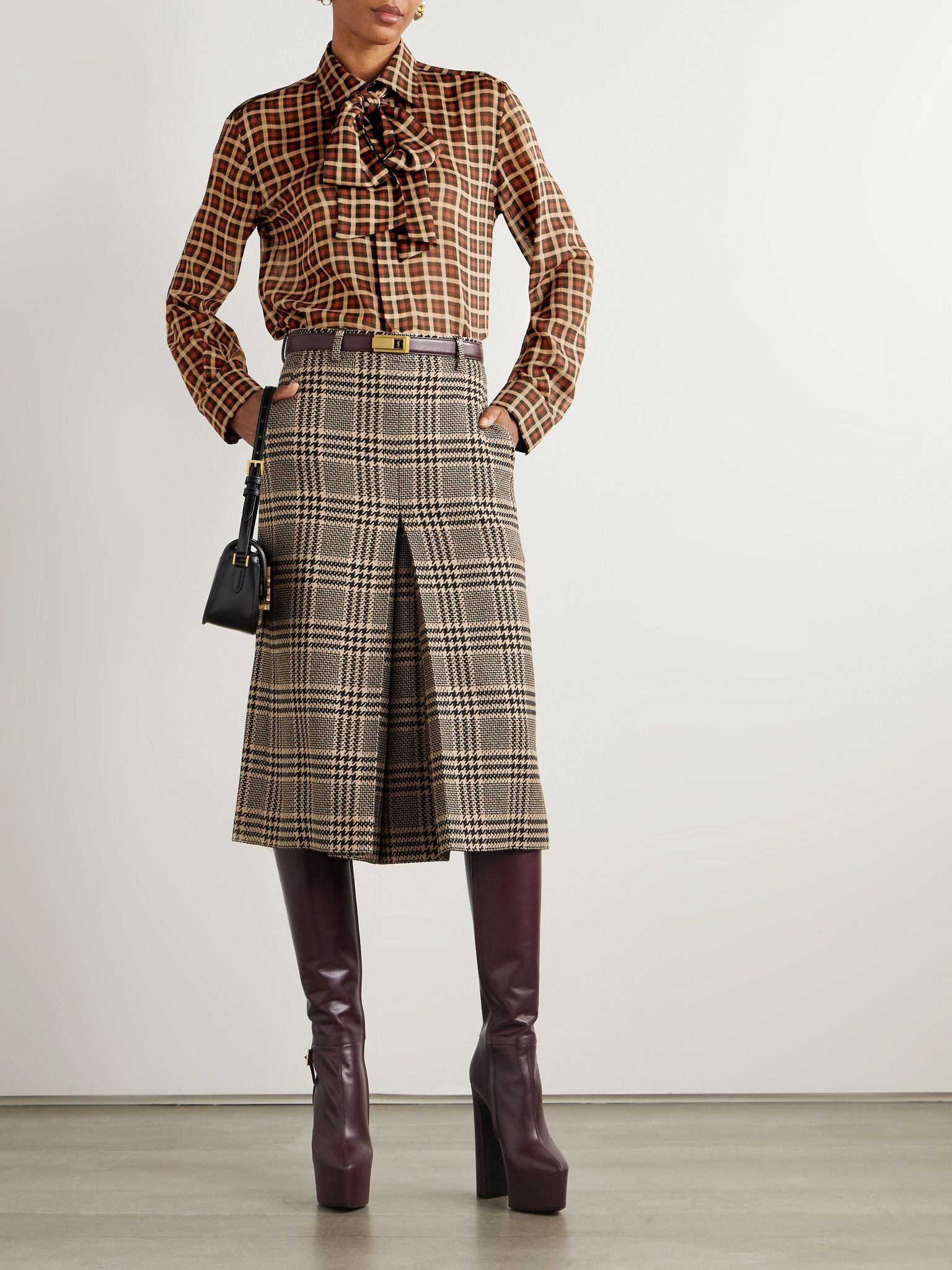 Pussy-bow checked wool shirt Brown - 2