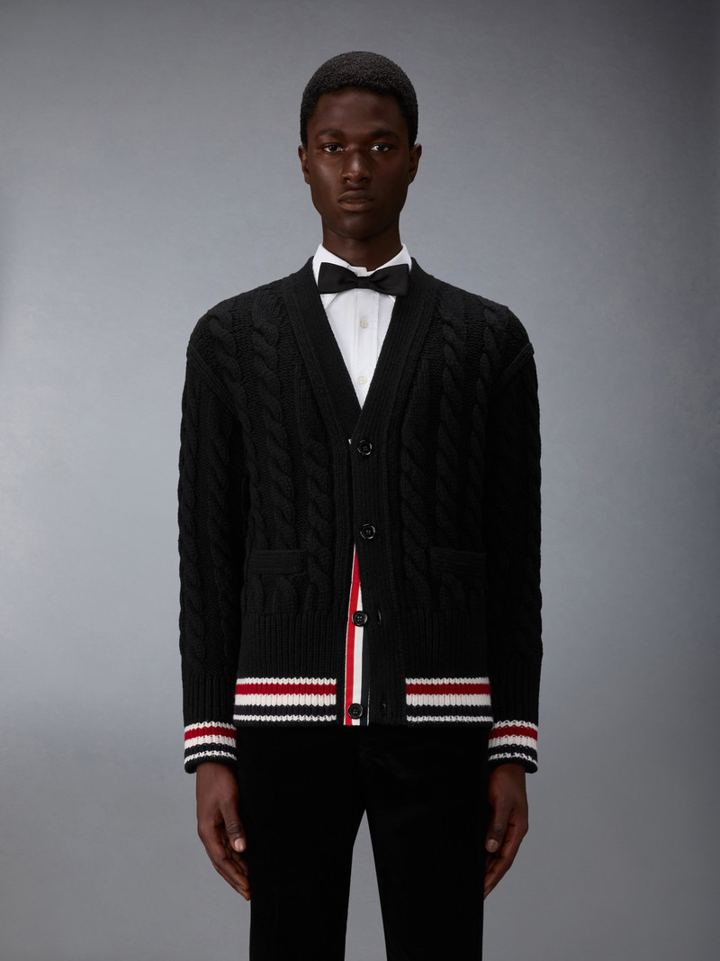 Thom Browne MERINO BABY CABLE STITCH RWB STRIPE CARDIGAN outlook