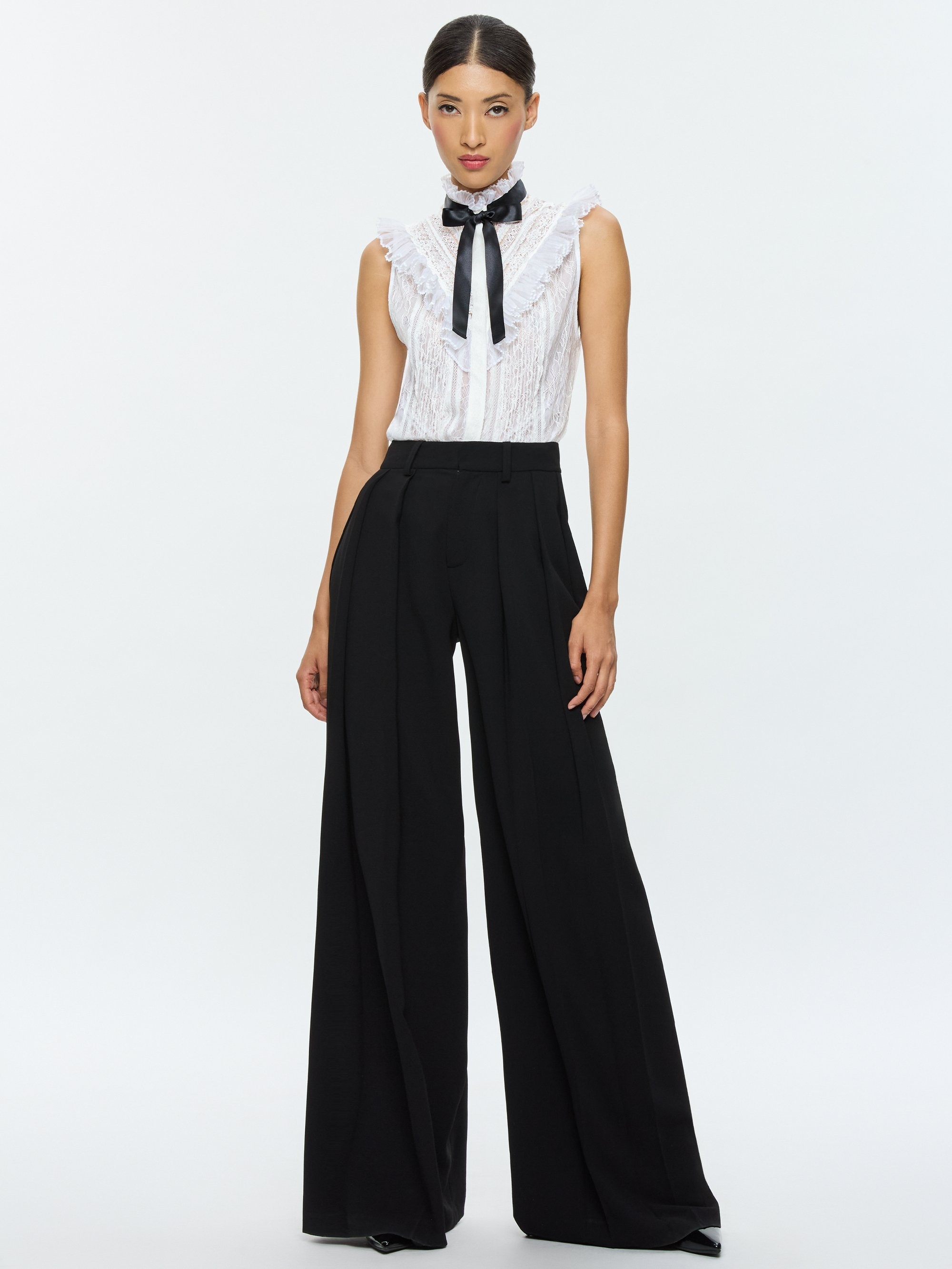 RHEBA MOCK NECK SLEEVELESS RUFFLE BLOUSE WITH BOW - 3