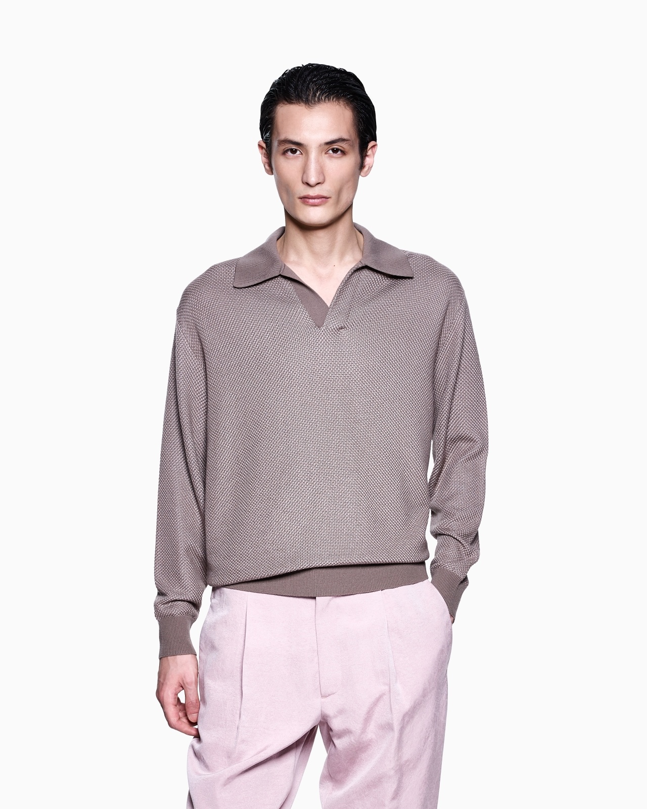 MICRO JACQUARD VIRGIN WOOL AND VISCOSE POLO JUMPER - 4