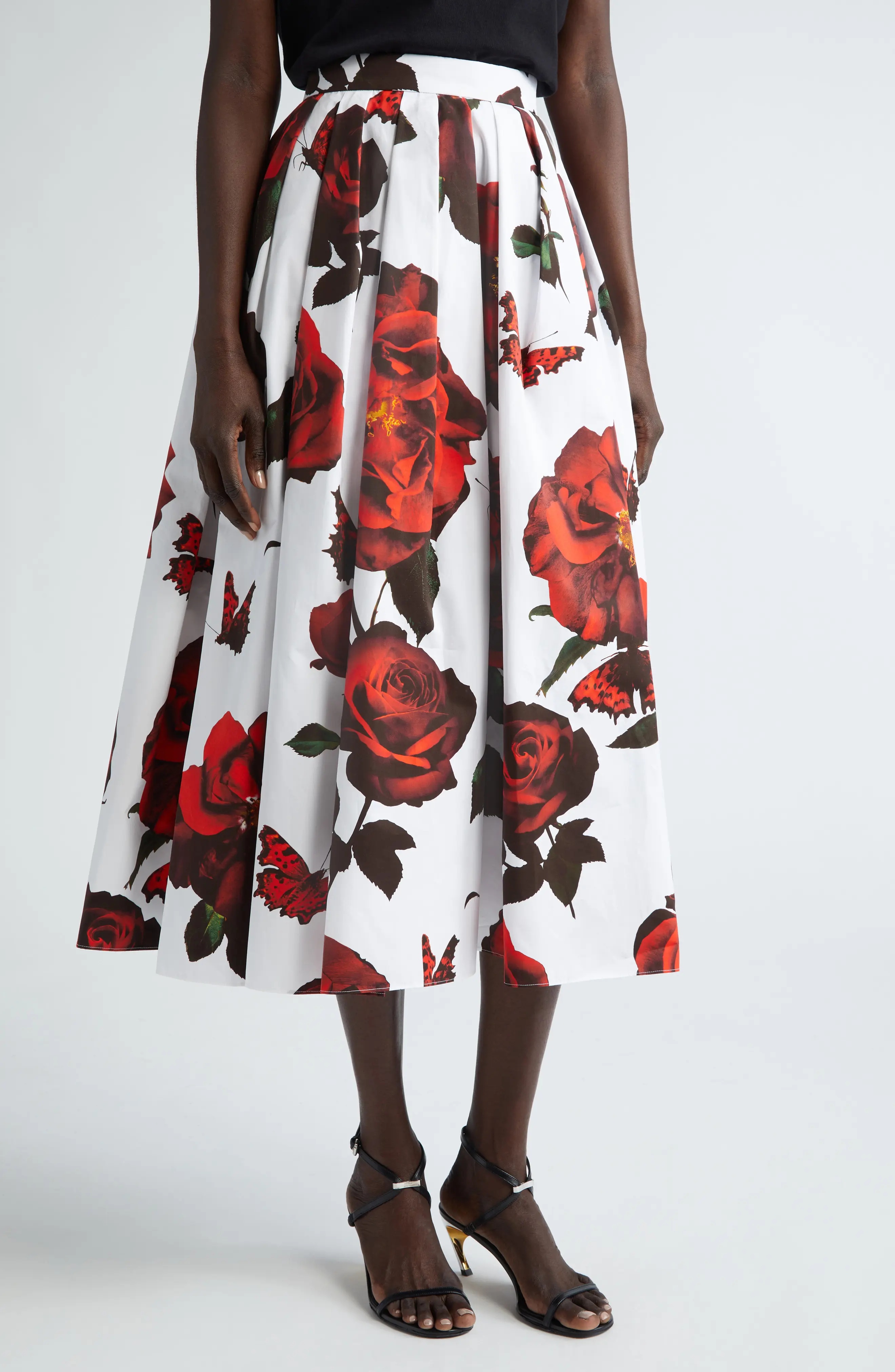 Alexander McQueen Tudor Rose Pleated Cotton Midi Skirt