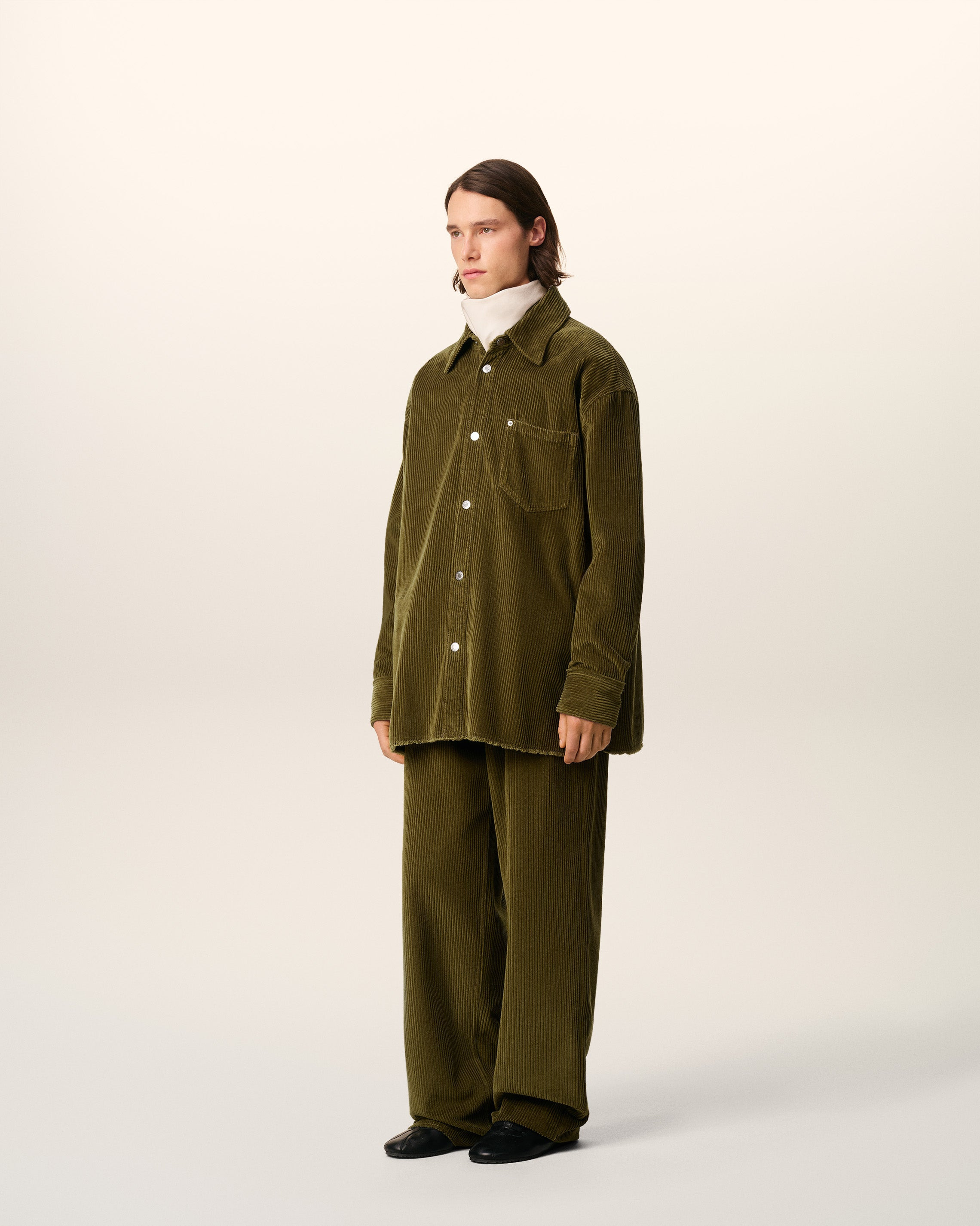 GREEN COTTON CORDUROY SIDE SLIT OVERSHIRT - 6