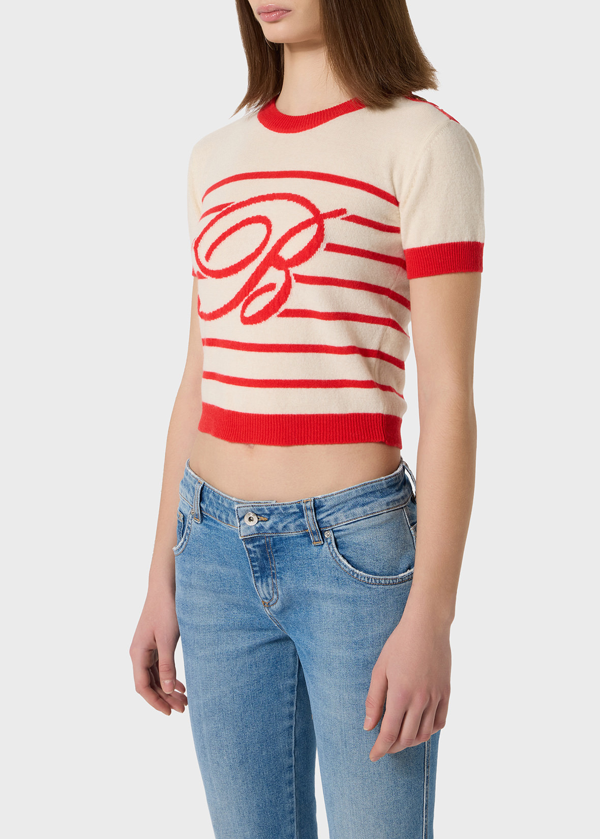 SHORT-SLEEVE MARINIÈRE SWEATER WITH BLUMARINE LOGO - 5