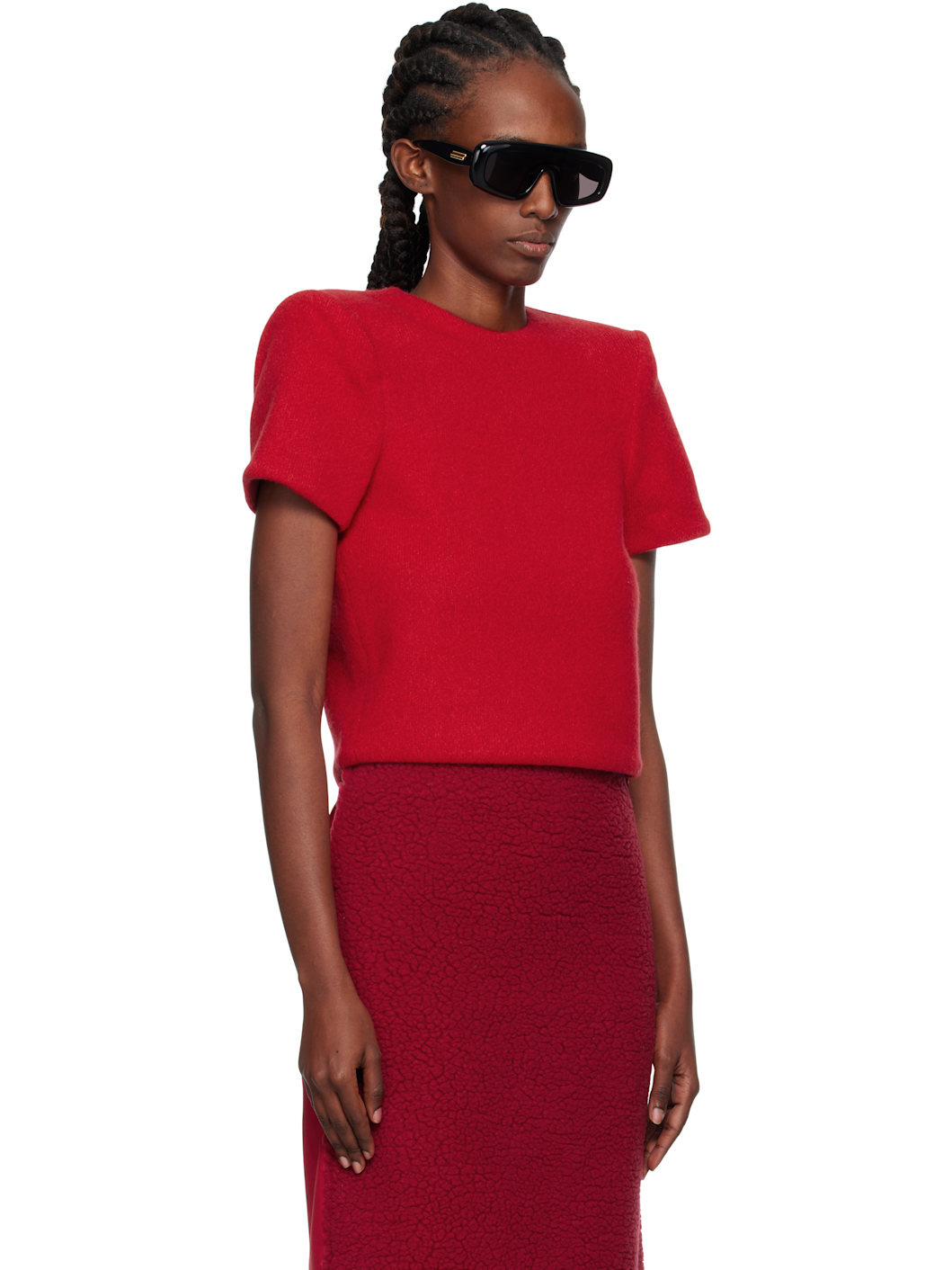 Red Curvy Shoulder Knitted T-shirt - 2