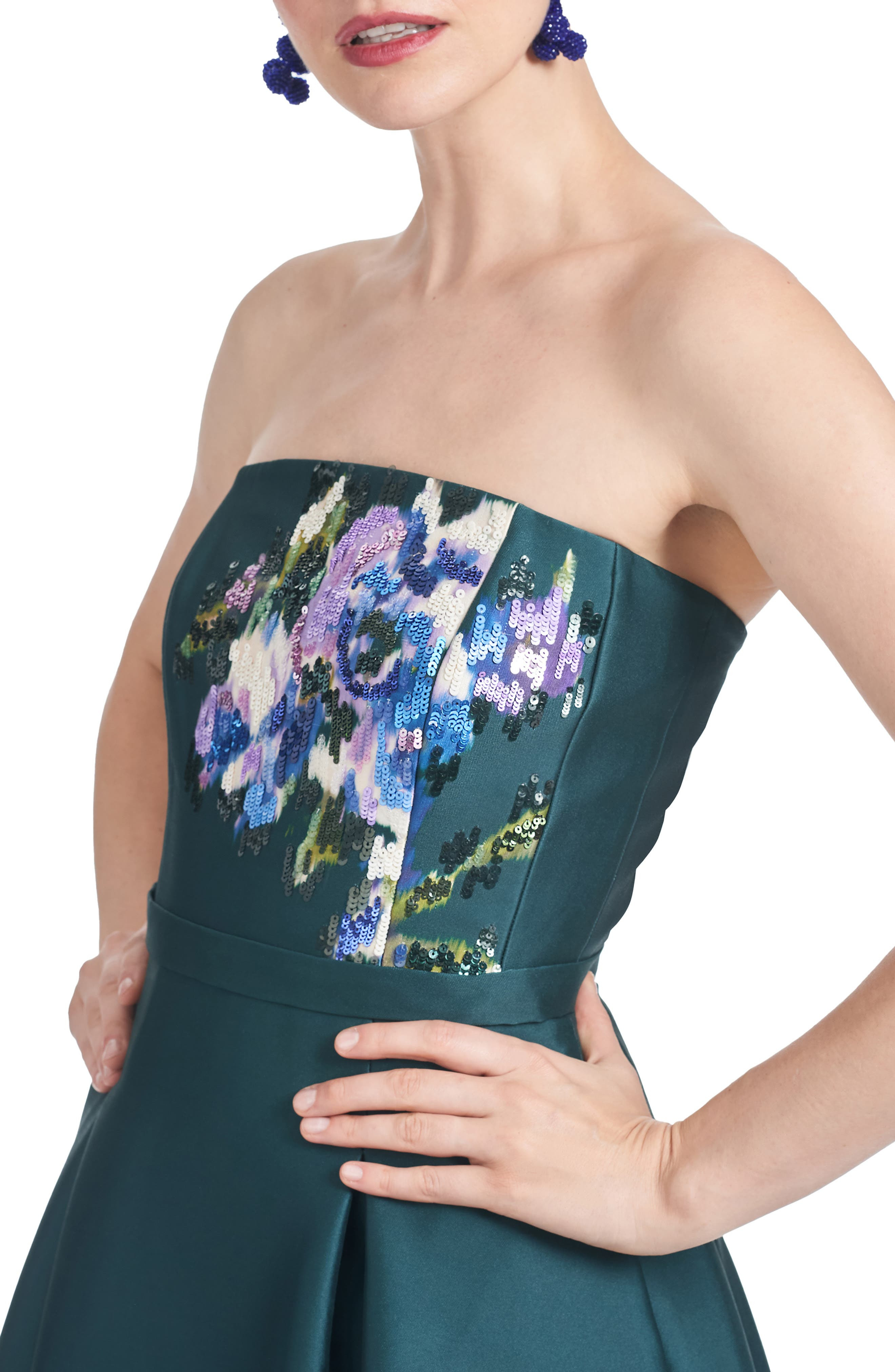 Sachin & Babi Shay Strapless Mikado Midi Cocktail Dress in Forest Green Placement Ikat at Nordstrom - 4