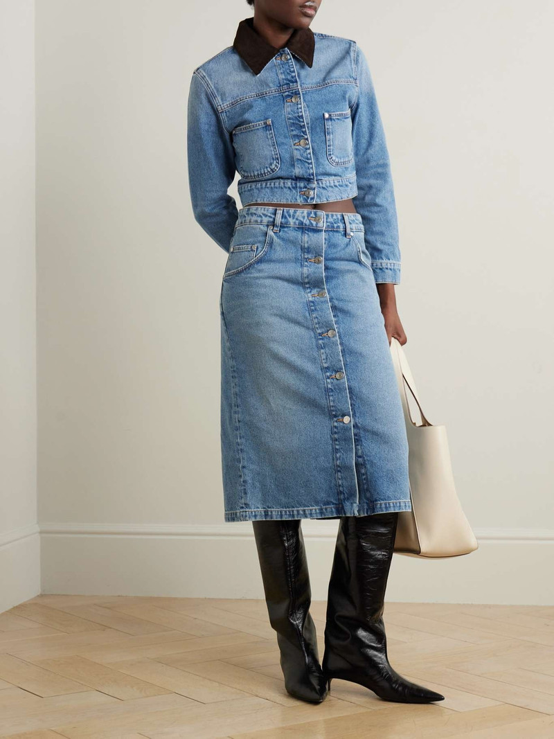 Stella McCartney Cropped cotton-corduroy trimmed organic denim jacket Blue outlook