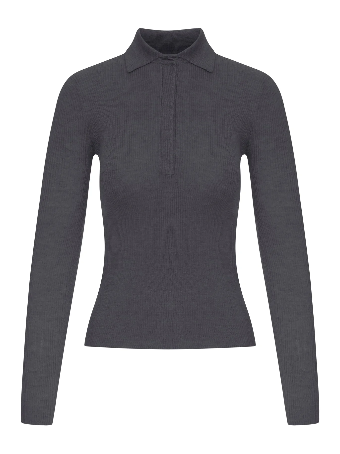 GREY RIBBED KNIT POLO SHIRT - 1