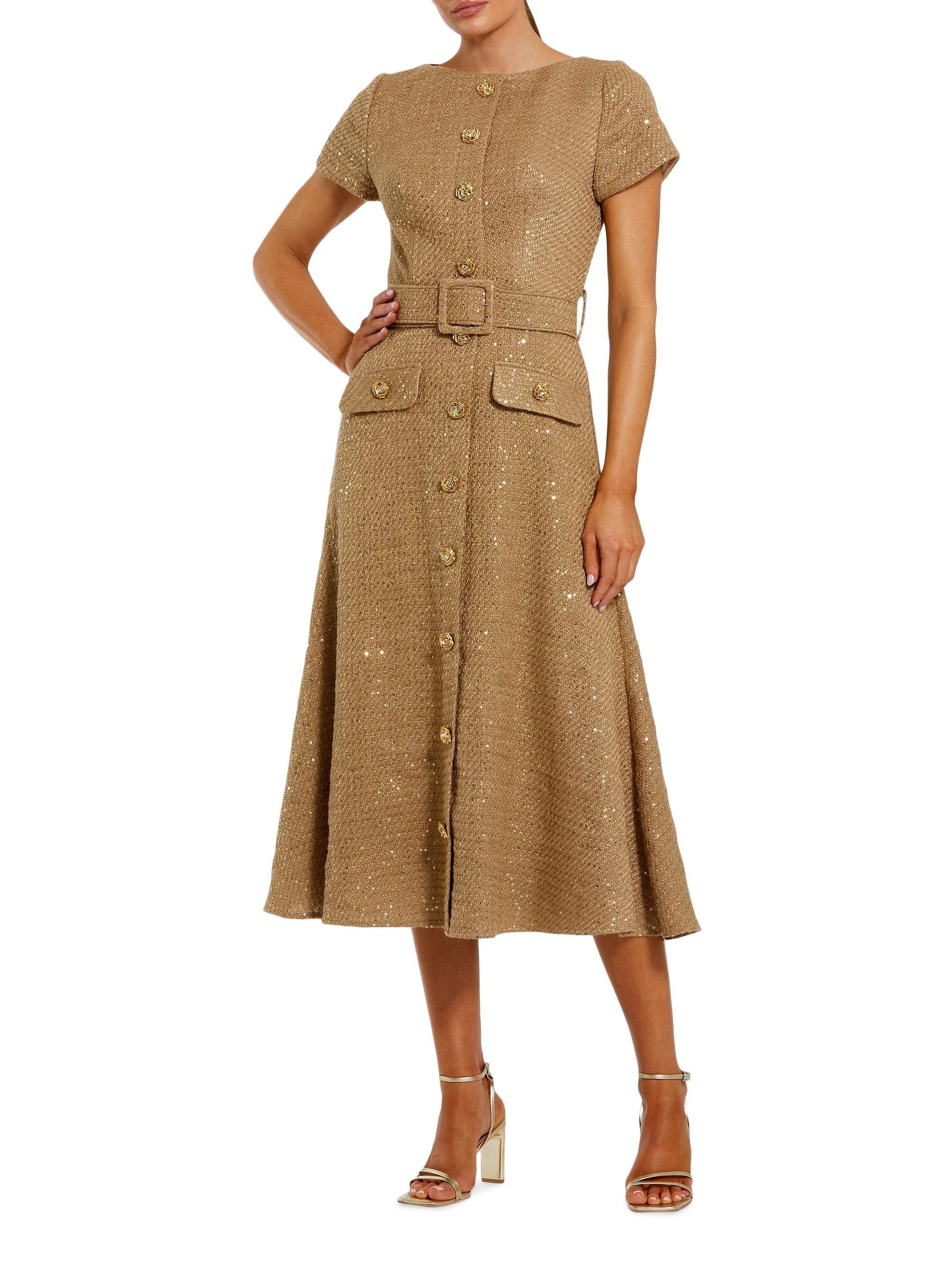 Women's Short Sleeve Bouclé Button-Front Midi-Dress - Toffee - 1