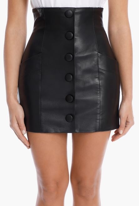 Short black leather high-waisted skirt - 5