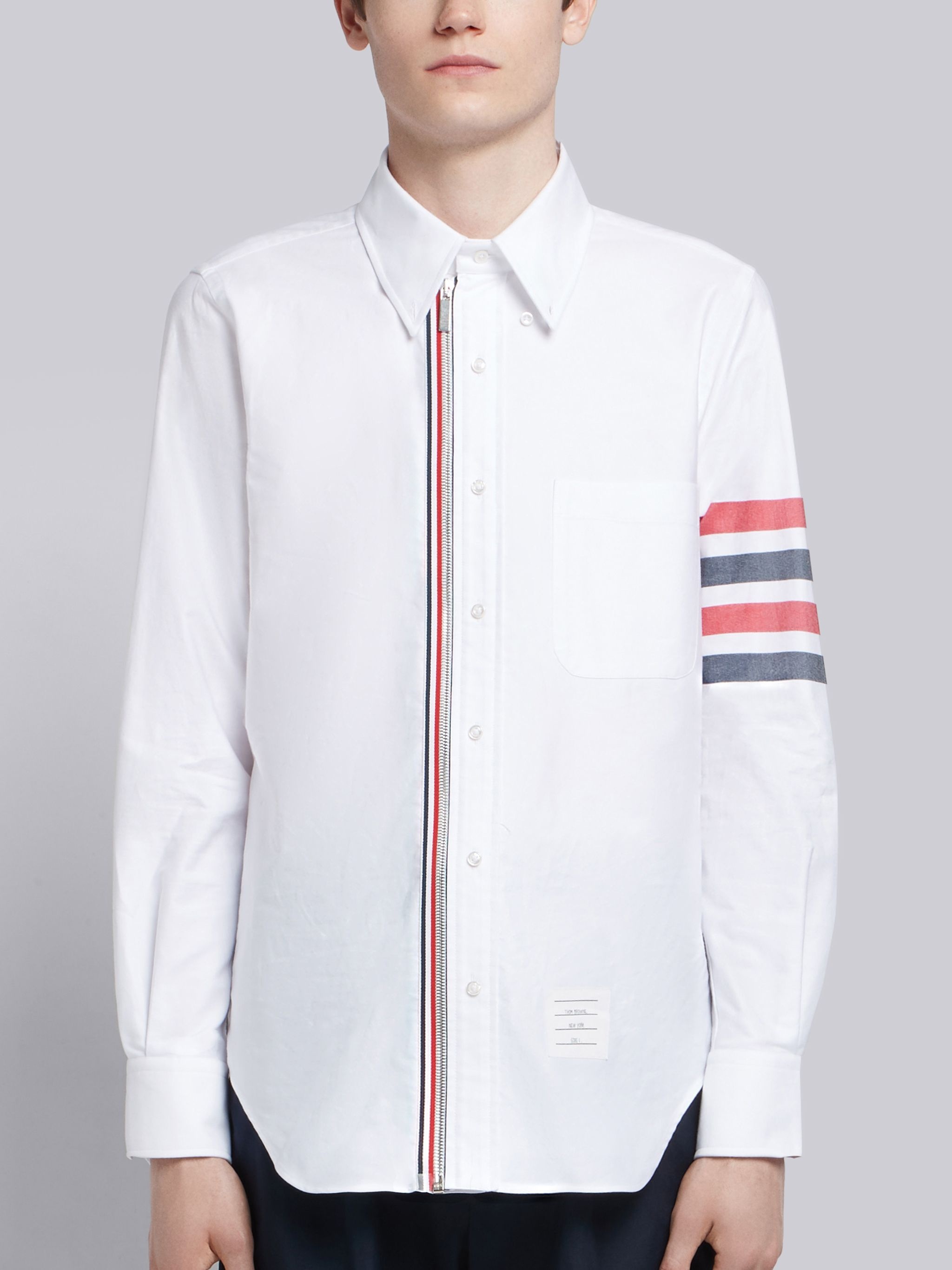 White Oxford Bicolor 4-bar Zip-front Shirt - 1