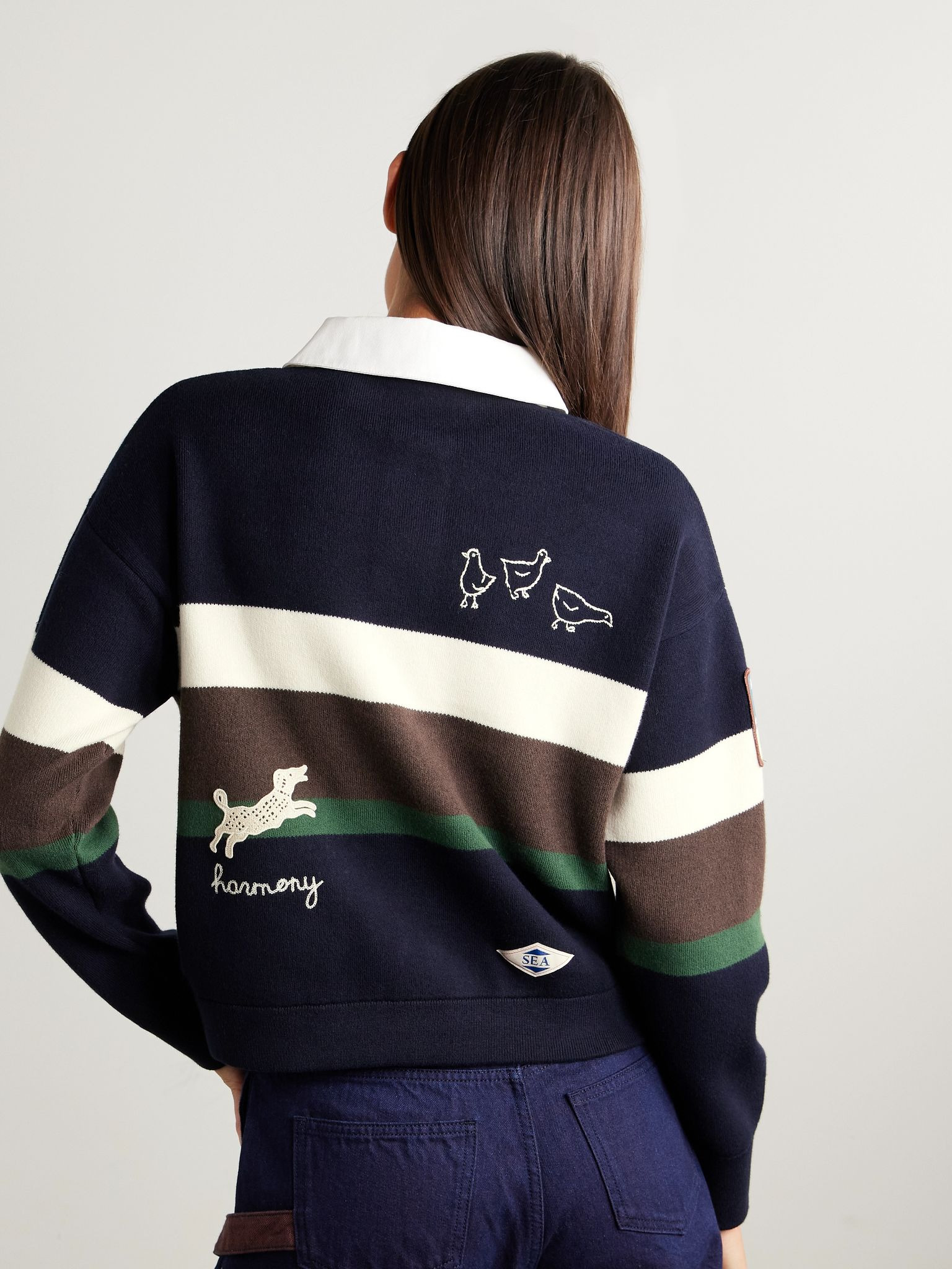 Arther appliquéd striped cotton and cashmere-blend polo sweater Black - 3