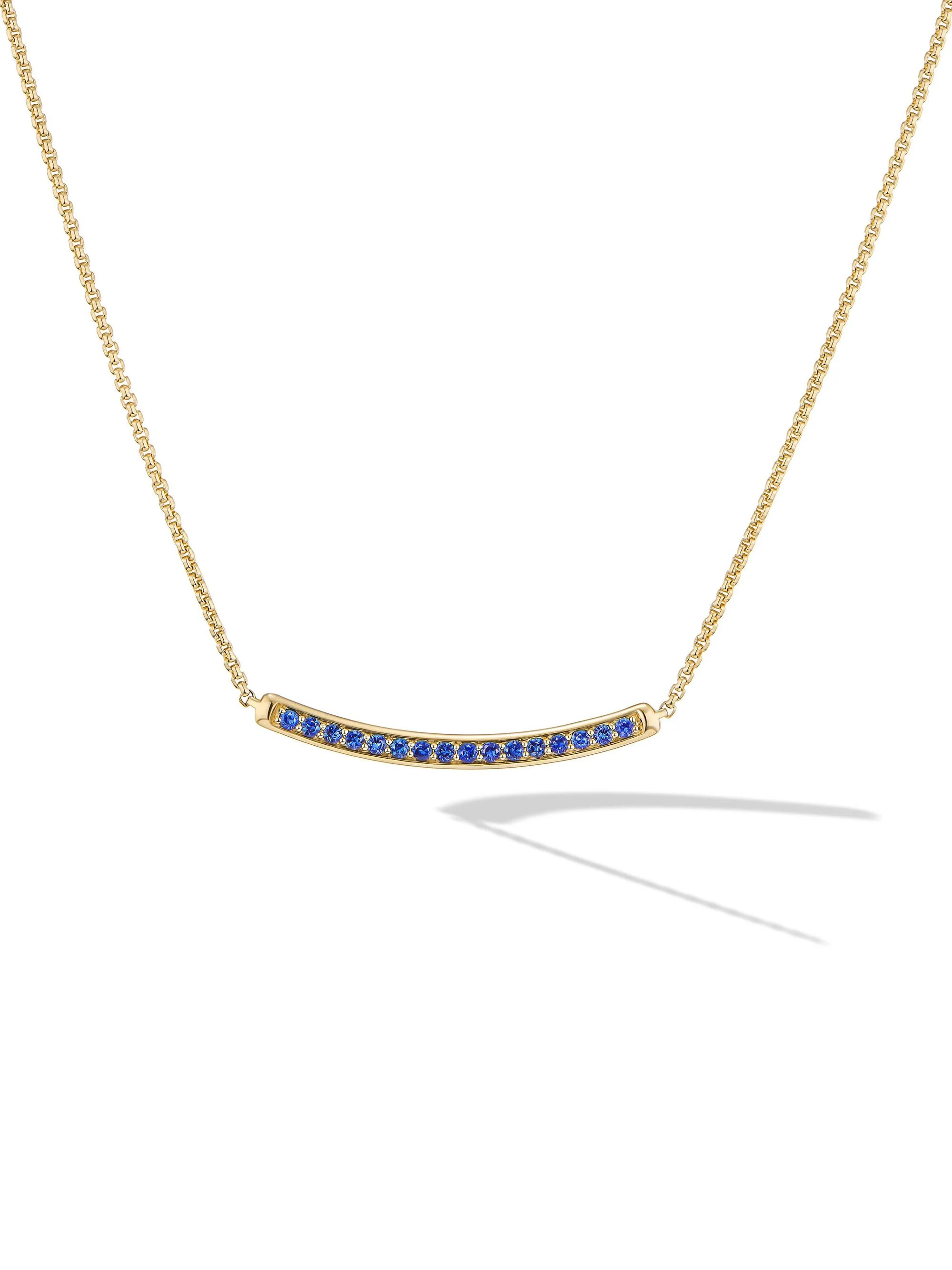 Women's Petite Pavé Bar Necklace in 18K Yellow Gold - Blue Sapphire - 1