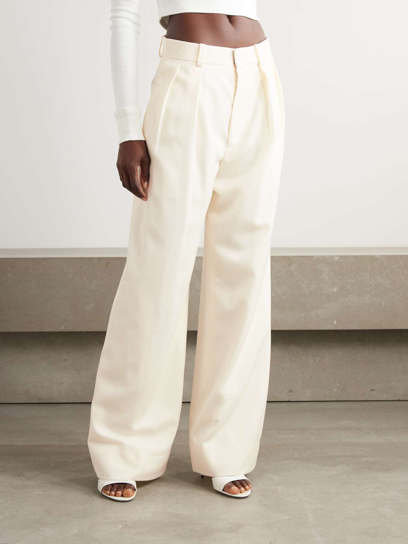 Pleated wool-twill wide-leg pants Off-white - 3