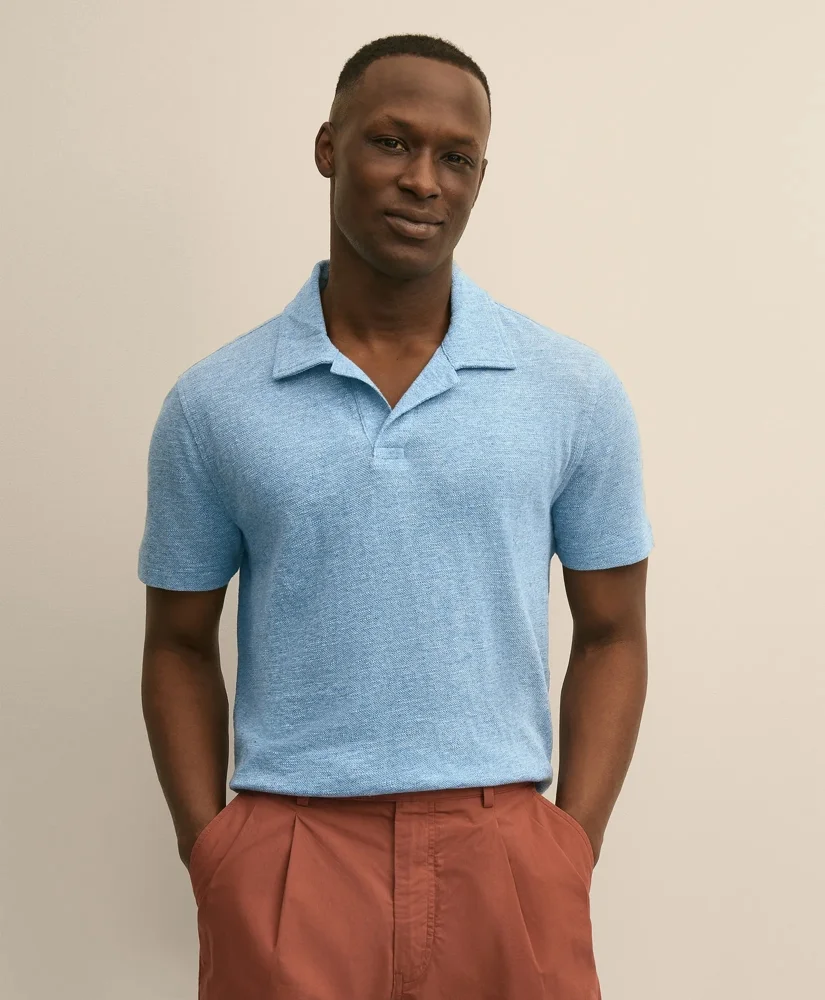 Cotton-Linen Pique Johnny Collar Shirt - 1