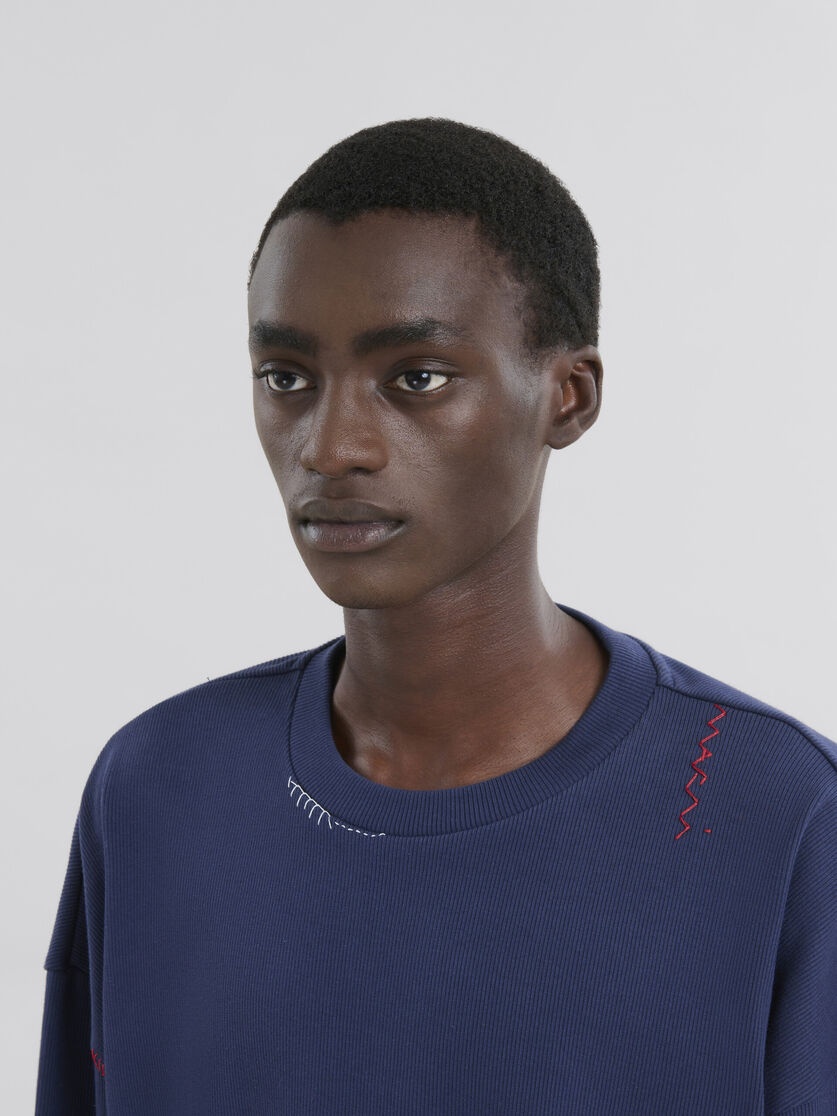 DARK BLUE RIBBED COTTON T-SHIRT WITH MARNI SYMBOL - 4