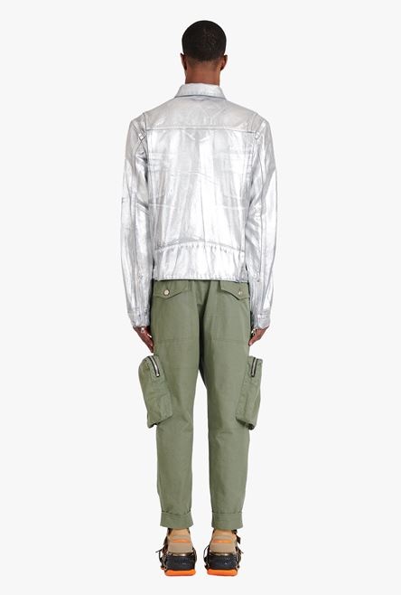 Silvery jean jacket with embossed Balmain logo - 3