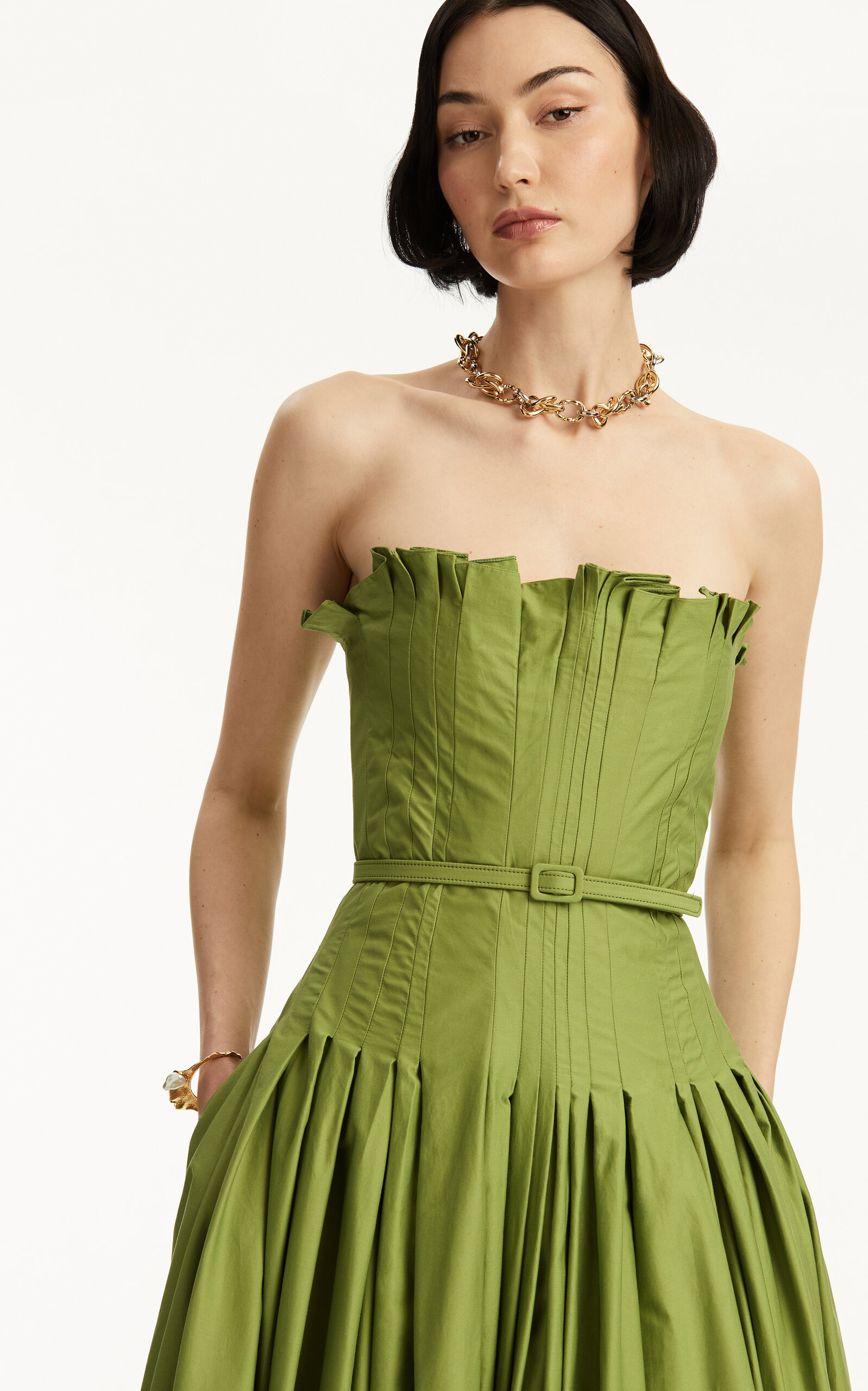 Belted Pleated Cotton Twill Maxi Dress green - 6