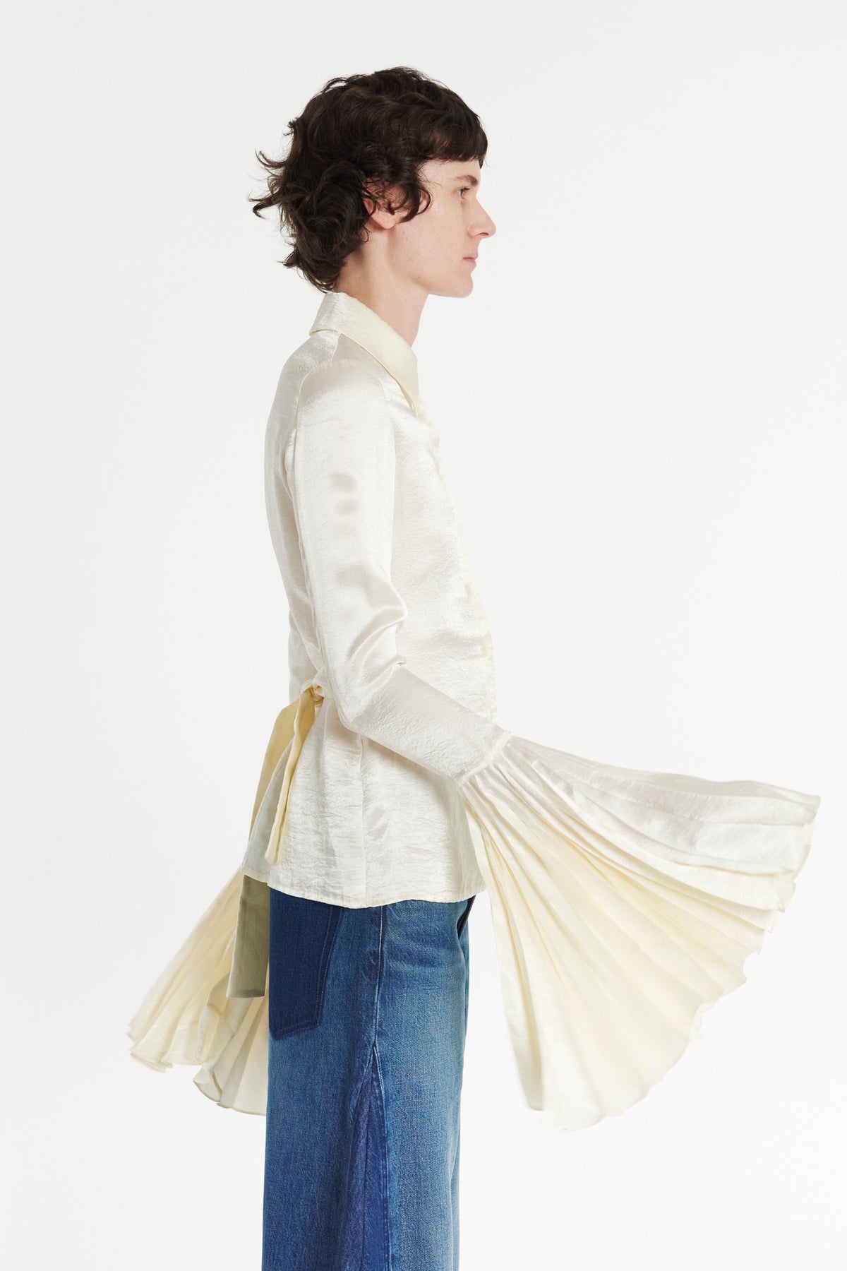 SATIN SHIRT WITH PLEATED BELL SLEEVES IVORY - 10