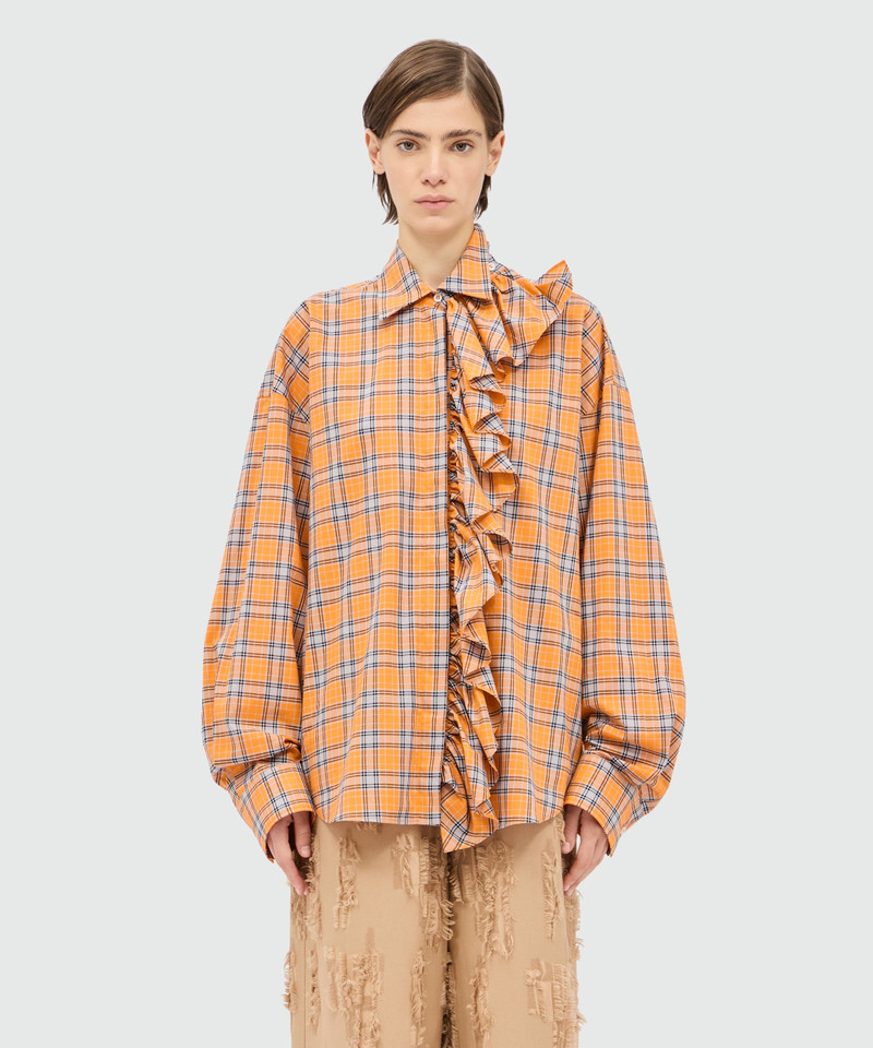 MSGM Orange check poplin shirt with ruffle. outlook