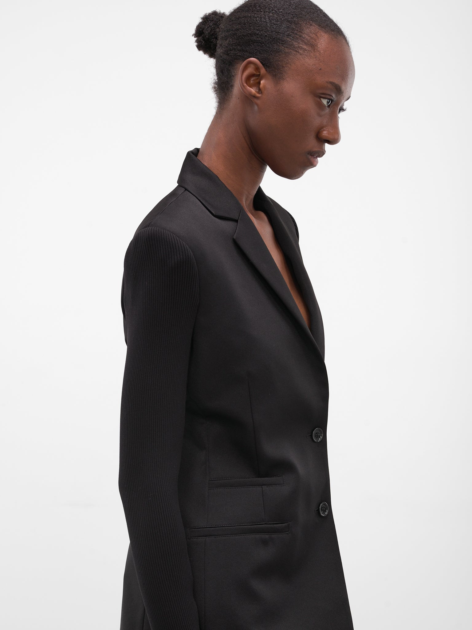 Black Rib-Knit Sleeve Blazer - 4