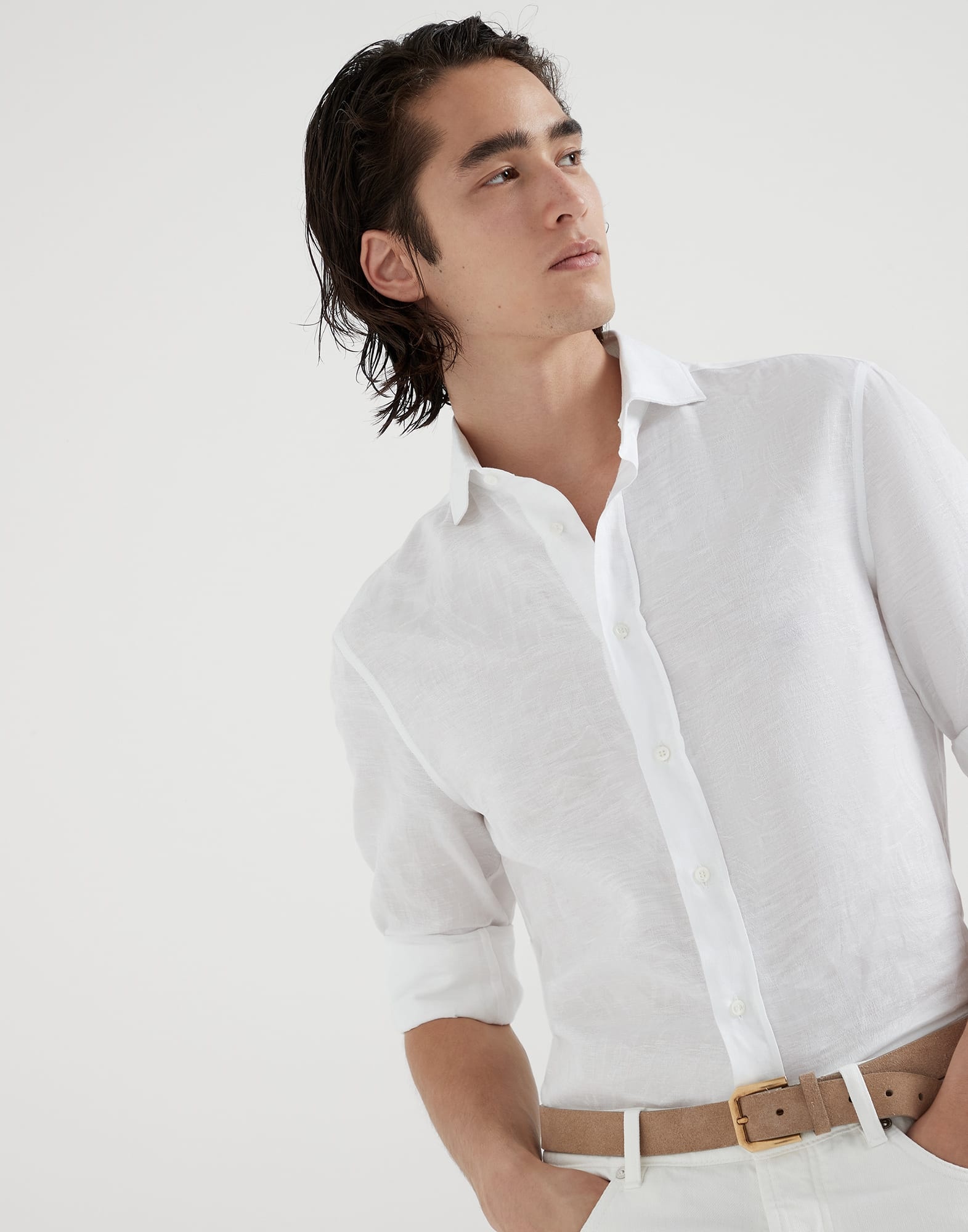 Palm Jacquard linen and cotton easy fit shirt with spread collar - 4
