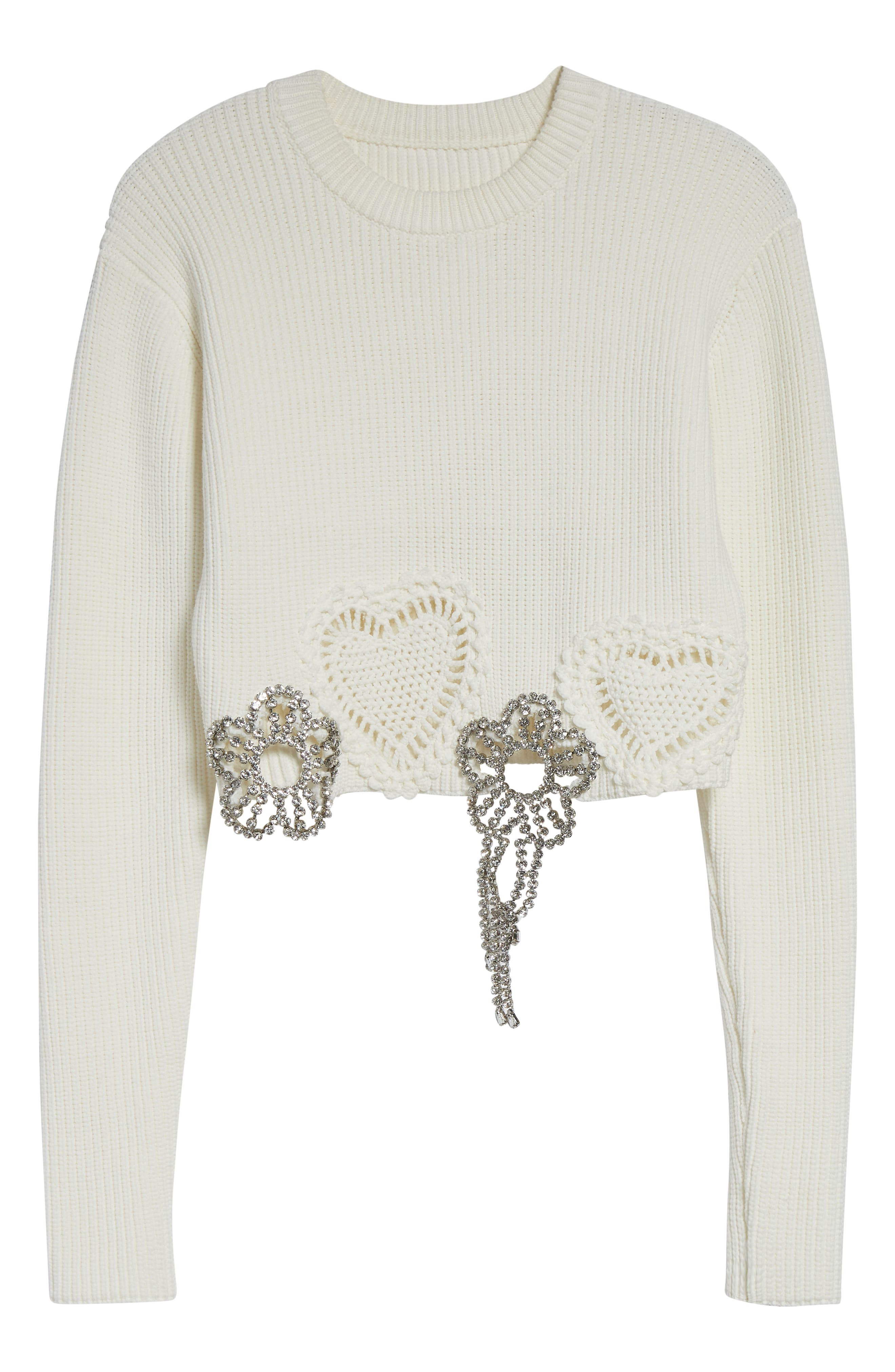 Area Crystal Flower & Crochet Heart Appliqué Crop Rib Sweater in Off White at Nordstrom - 6