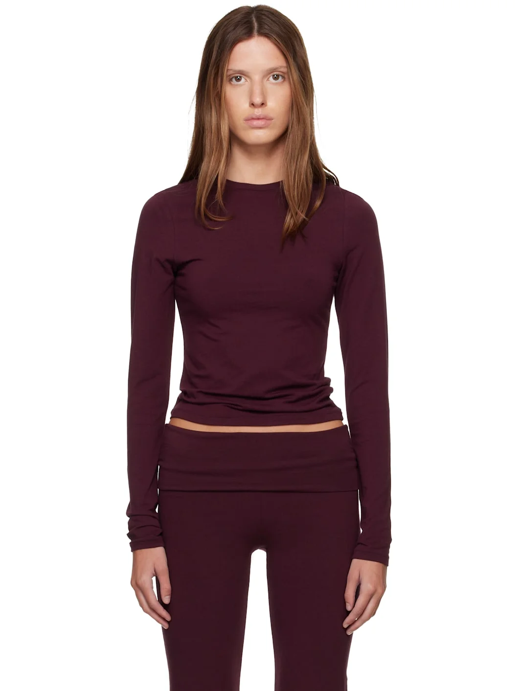 Burgundy Cotton Jersey Long Sleeve T-shirt - 1