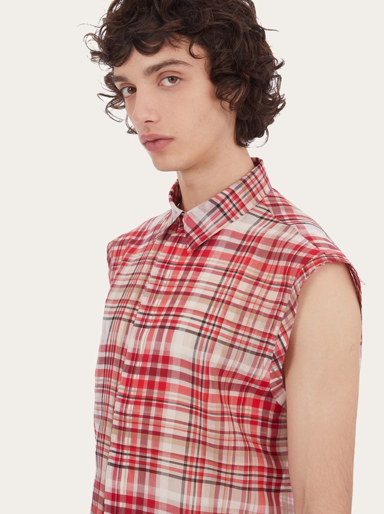 CHECK PRINT SLEEVELESS SHIRT - 4
