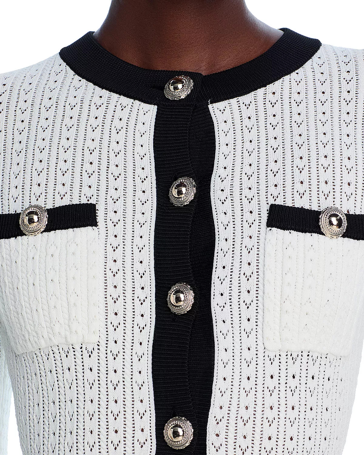 White Pointelle Knit Contrast Midi Dress - 3