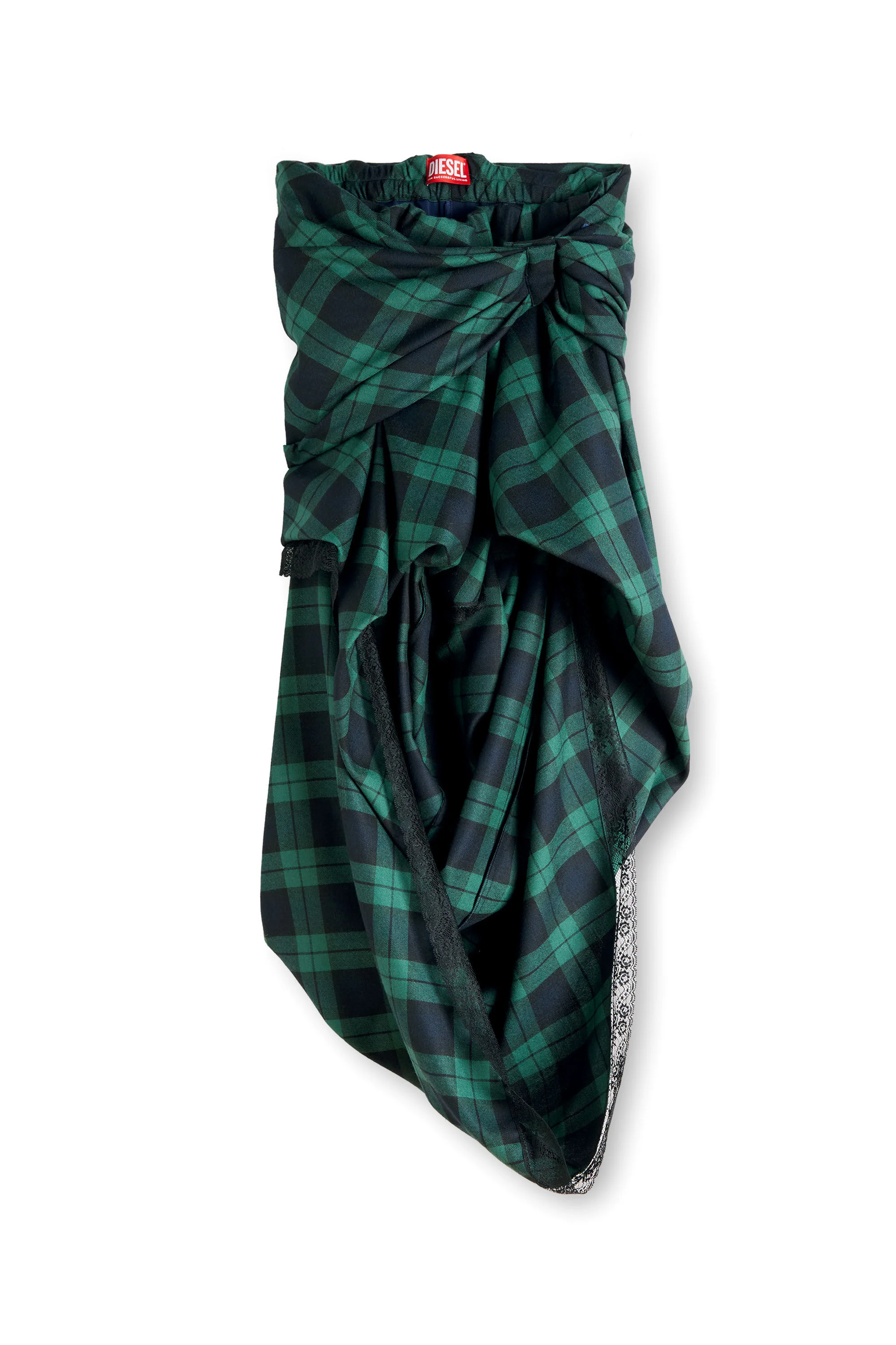 DRAPED TARTAN MIDI SKIRT WITH LACE TRIM - 1