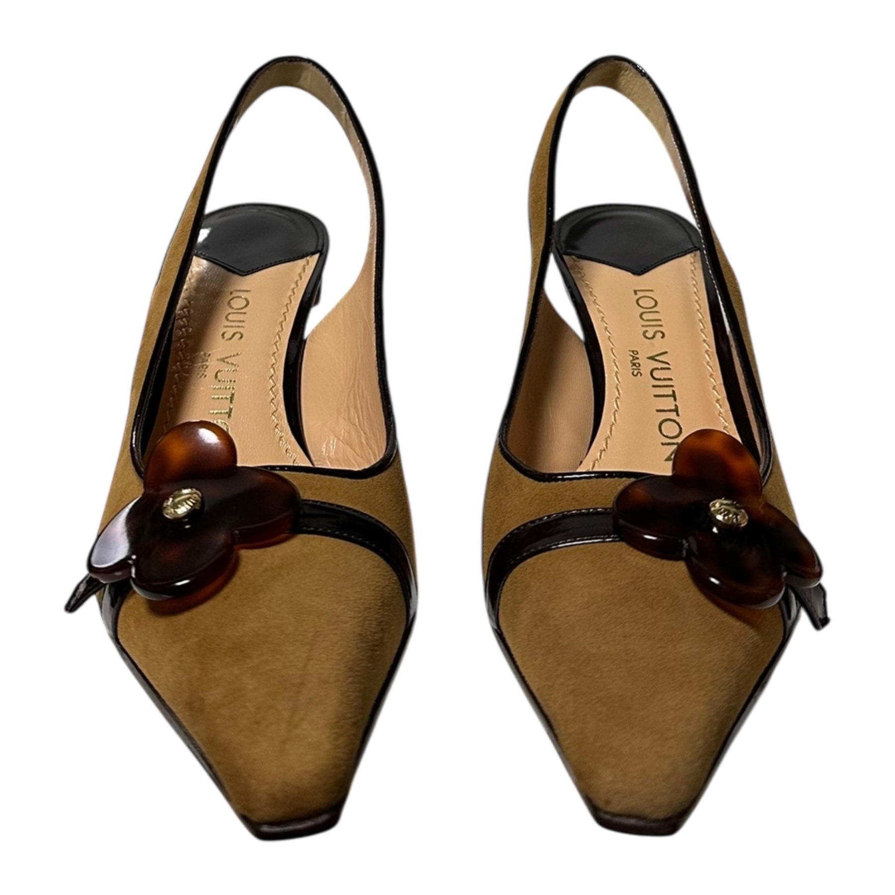 LOUIS VUITTON Tortoiseshell Flower Motif Suede Leather Slingback Sandals - 2