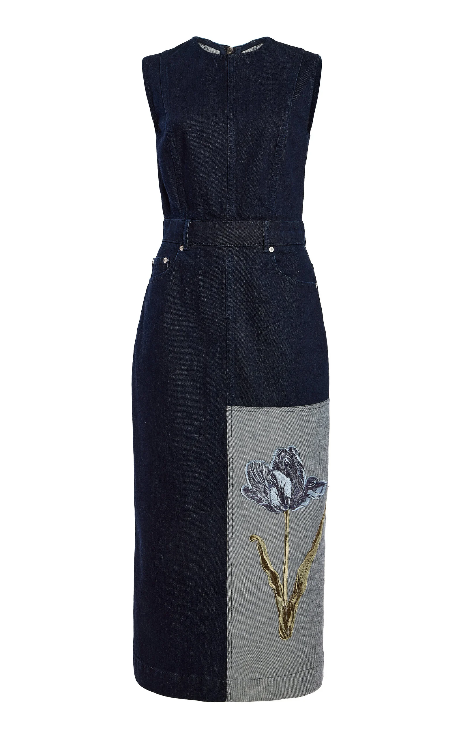 Embroidered Fluted Cotton Midi Dress dark wash - 1