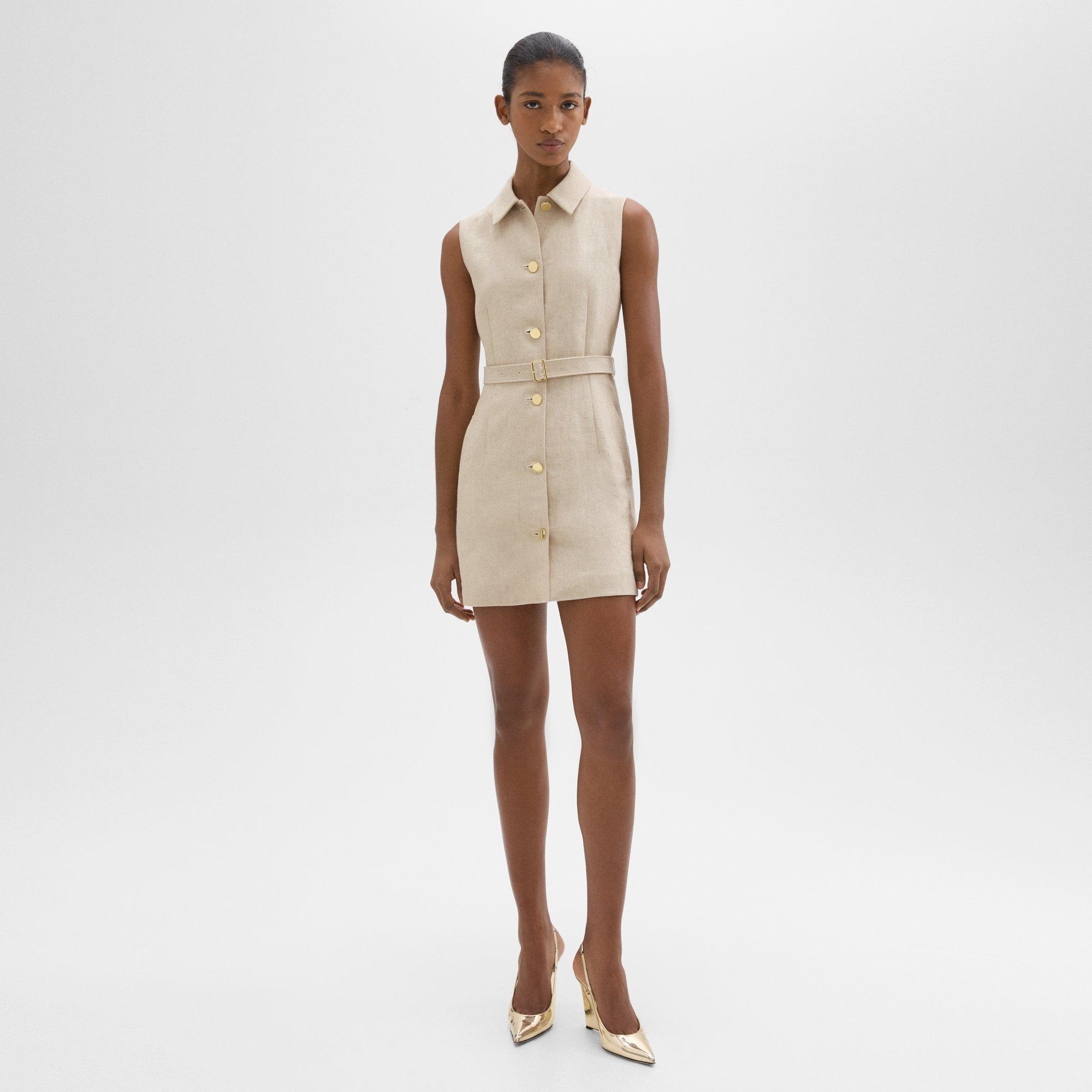 Belted Military Dress in Basket Weave Linen - 2