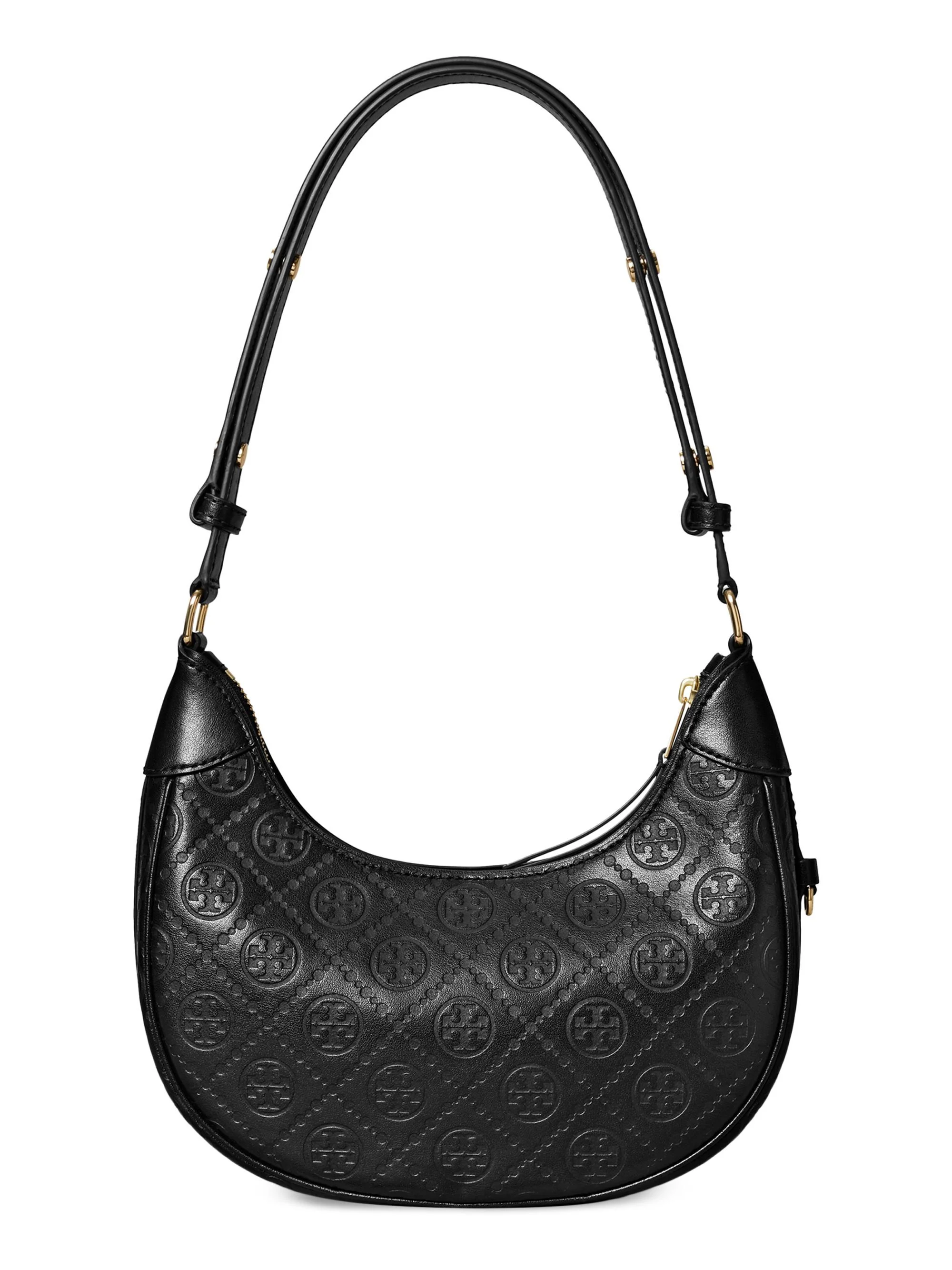 Women's T Monogram Debossed Leather Crescent Bag - Black - 1