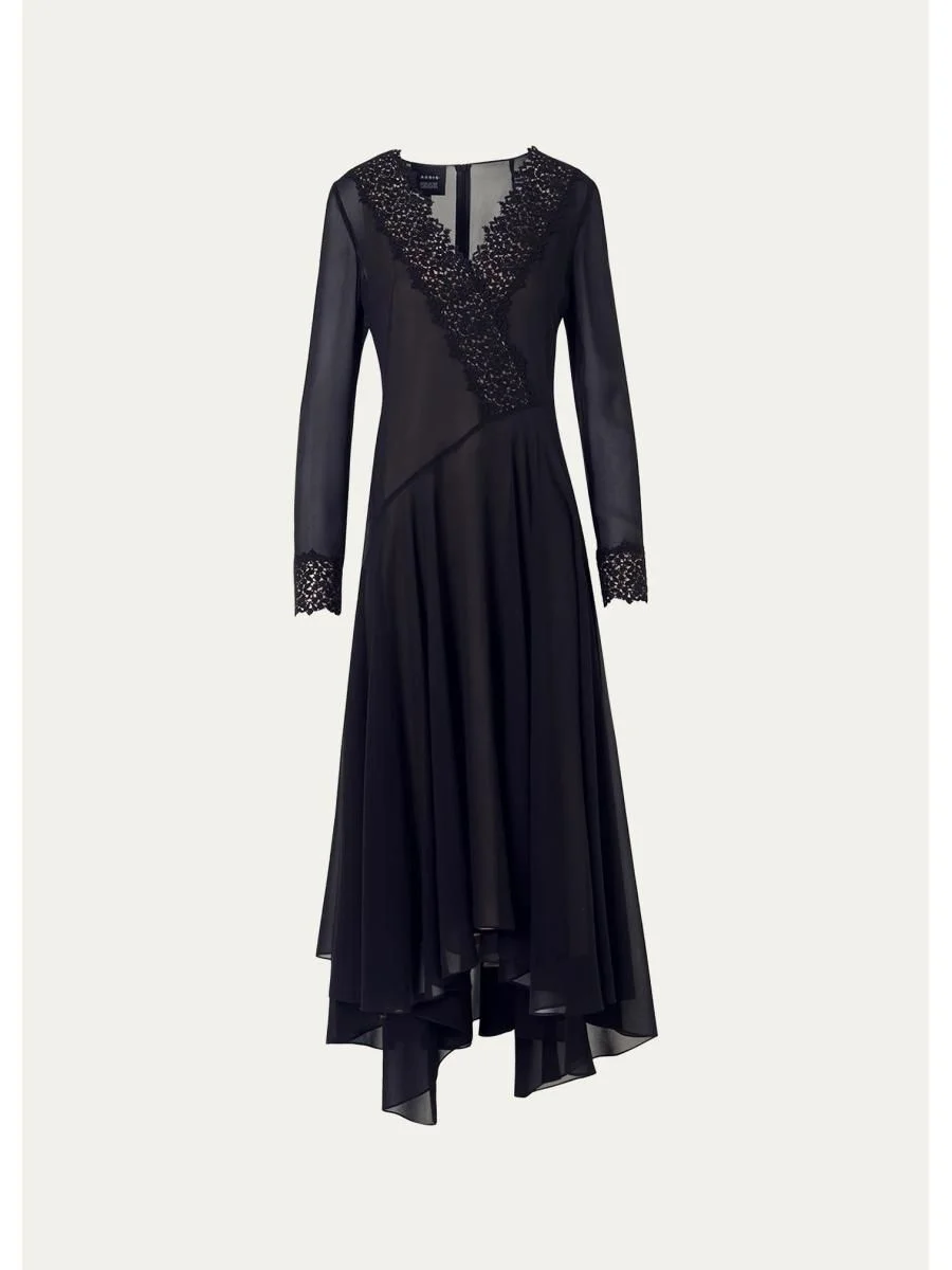 Lace V-Neck Silk Georgette Asymmetric Midi Dress - 1