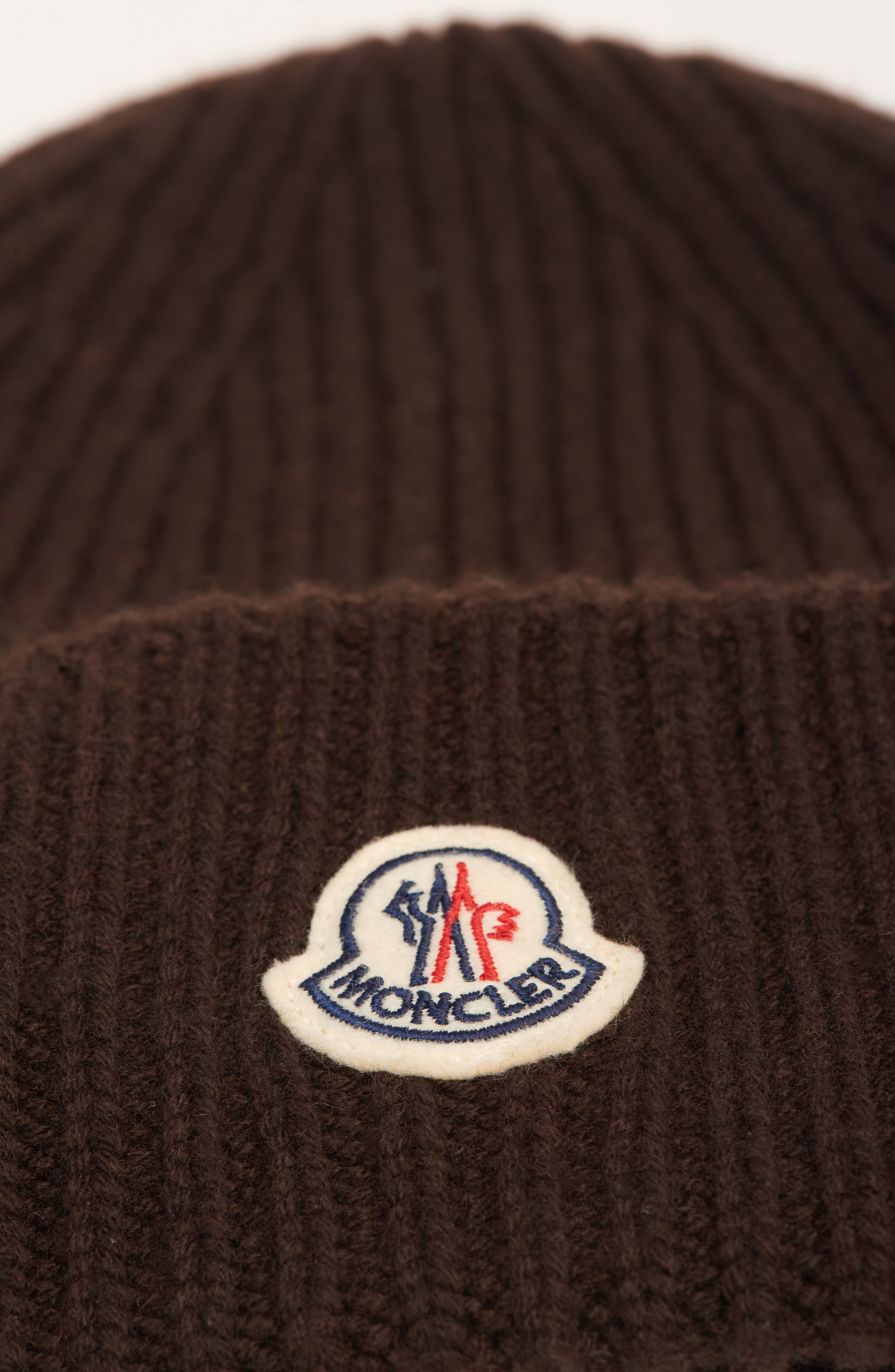 Moncler Logo Patch Virgin Wool & Cashmere Beanie in Dark Brown at Nordstrom - 3