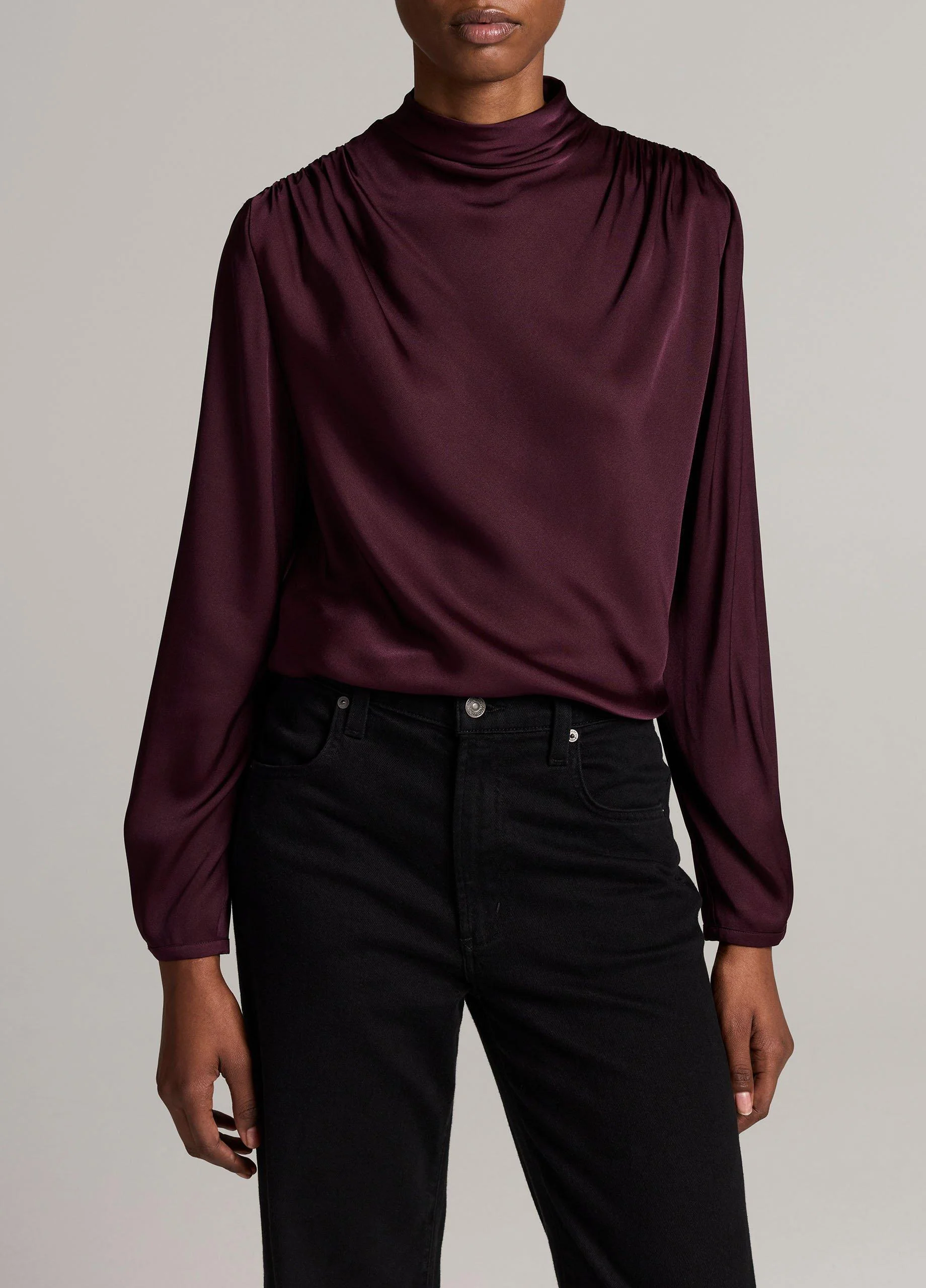 Silk-Blend Draped Cowl-Neck Long-Sleeve Top - 1