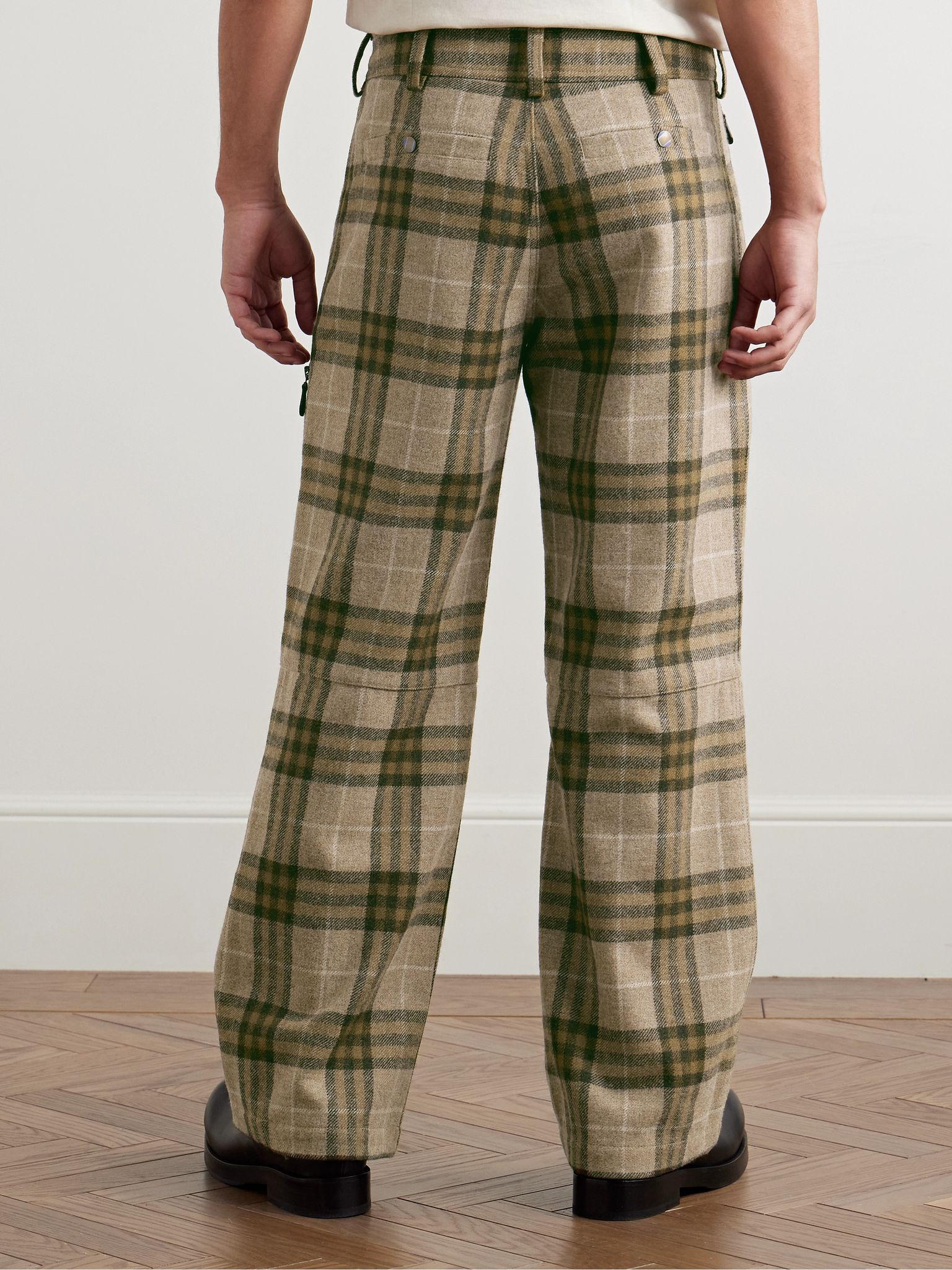 Straight-Leg Zip-Detailed Checked Wool Trousers Green - 4