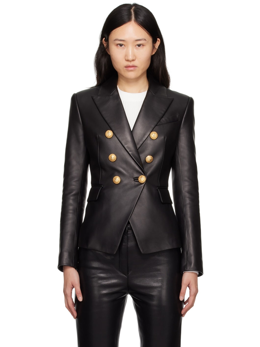 Balmain Black 6-Button Leather Jacket | ssense | REVERSIBLE