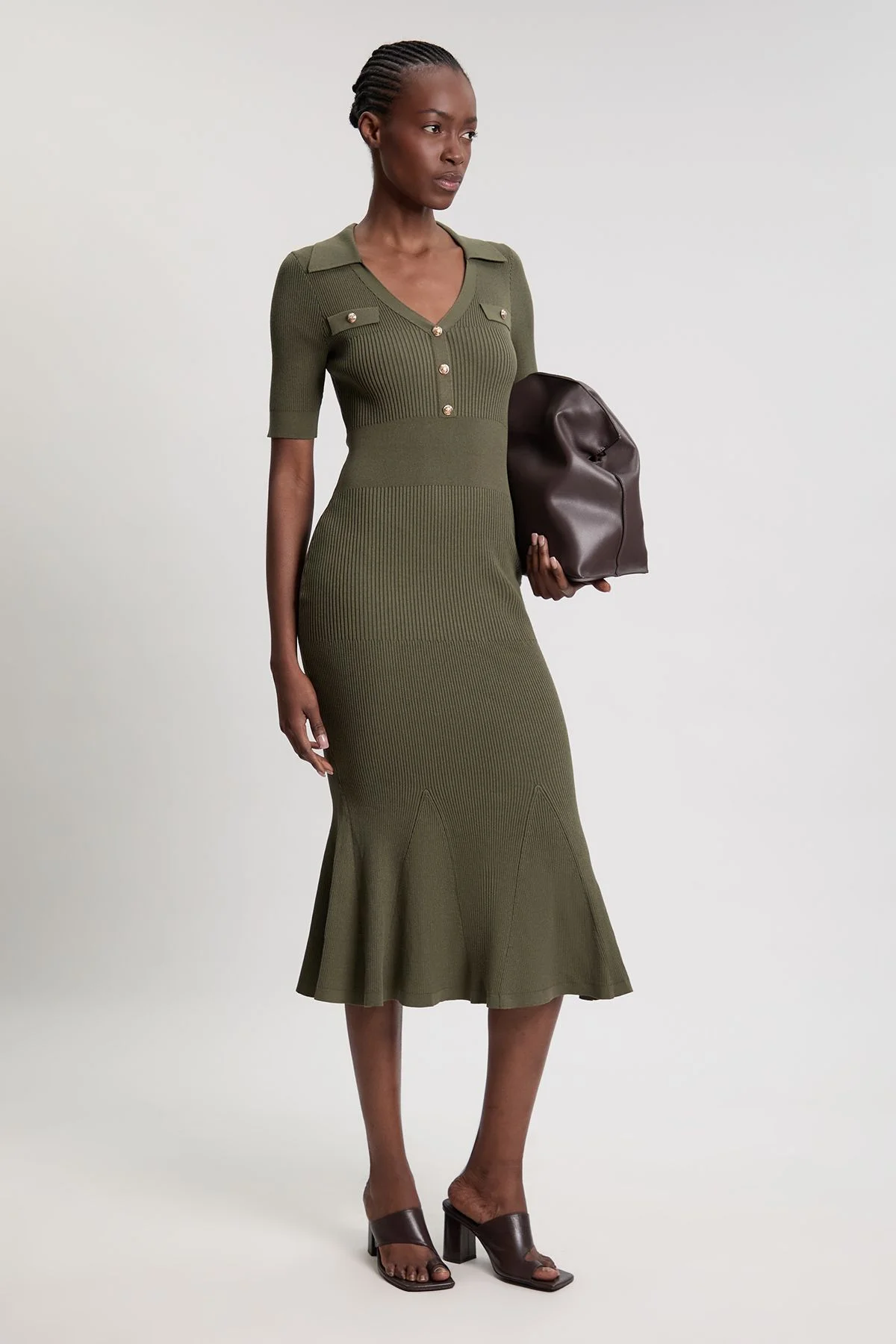 Military Trim Rib Knit Collared Maxi Dress - 1